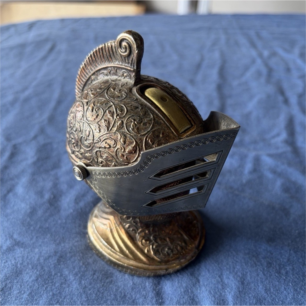 Bronze & Silver Tone Knight Helmet Holder Ornate Metal Table Lighter Untested