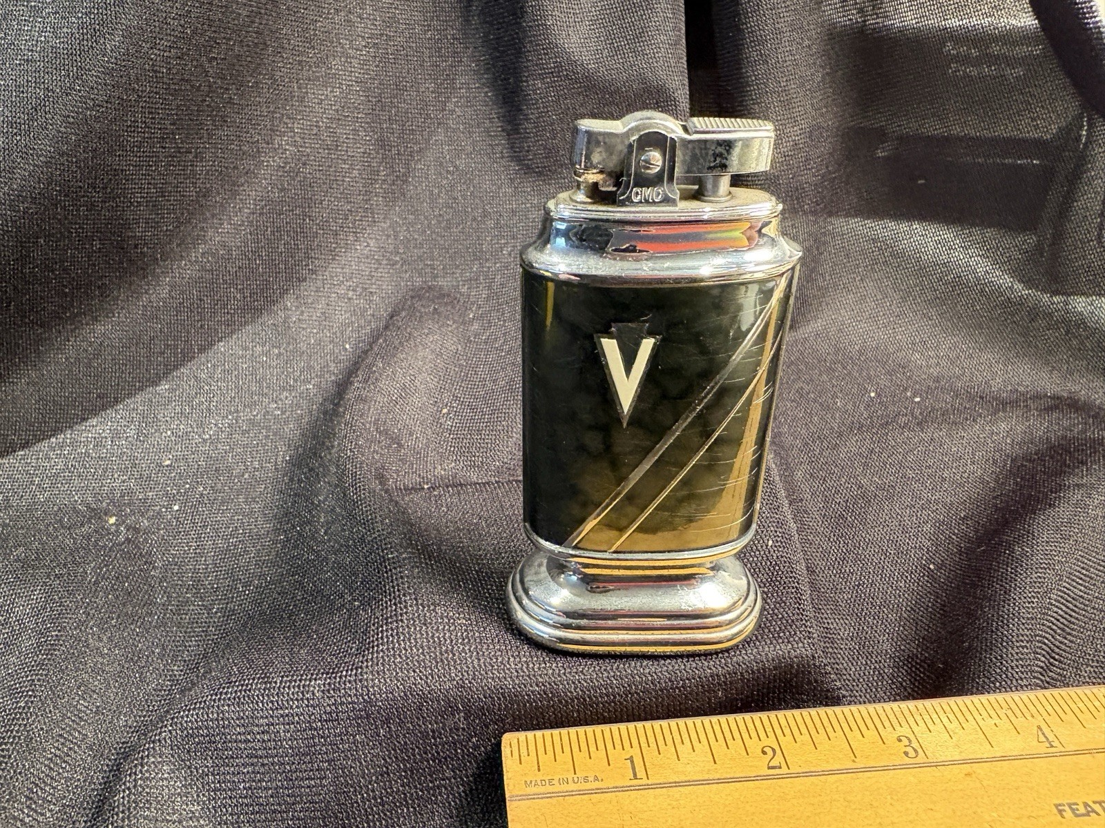 Art Deco Continental CMC Lighter. Near Mint Condition. Chrome/ Black 4”x 2”