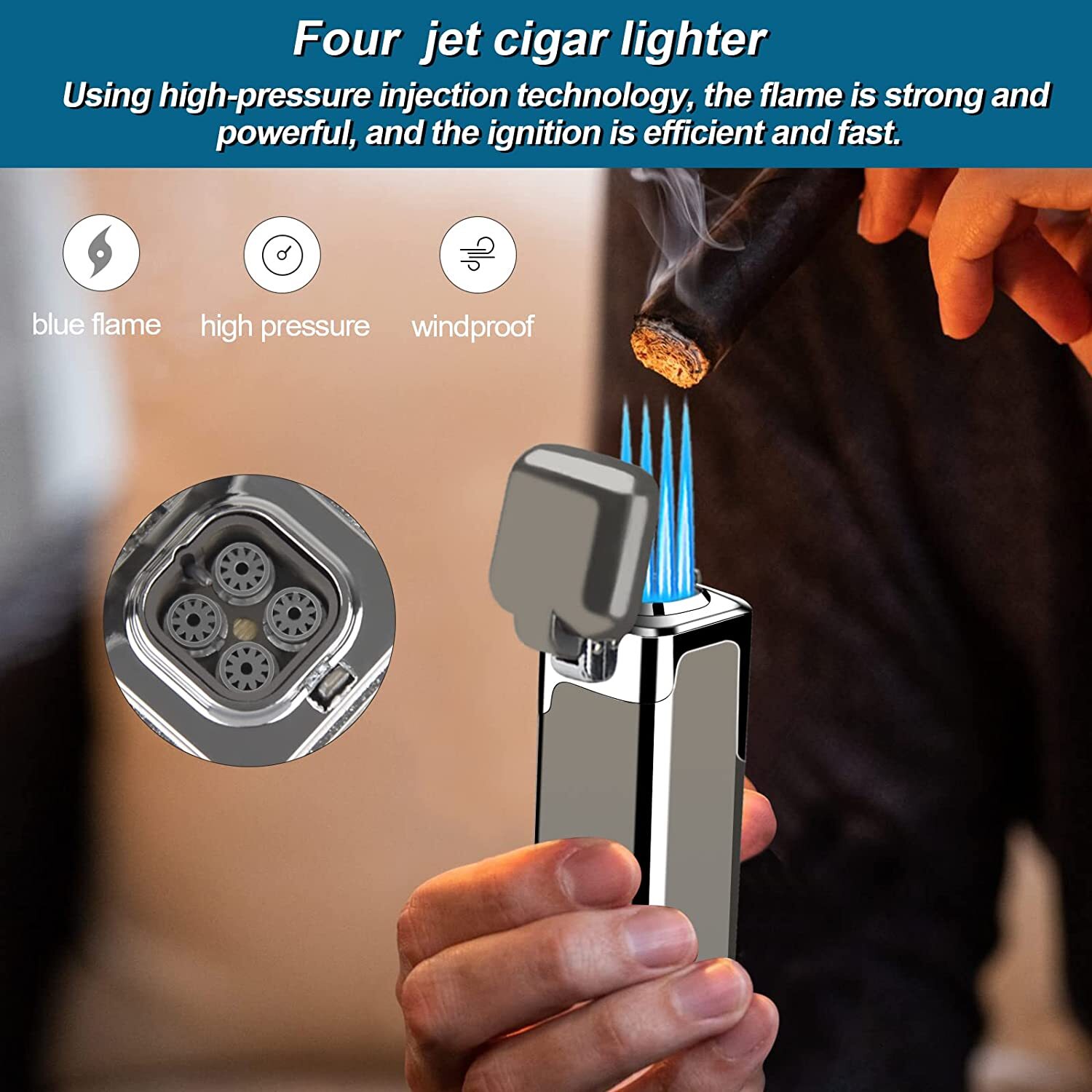 Metal Cigar Lighter 4 Jet Torch Gas Butane Refillable lighter for Cigar(Silver)