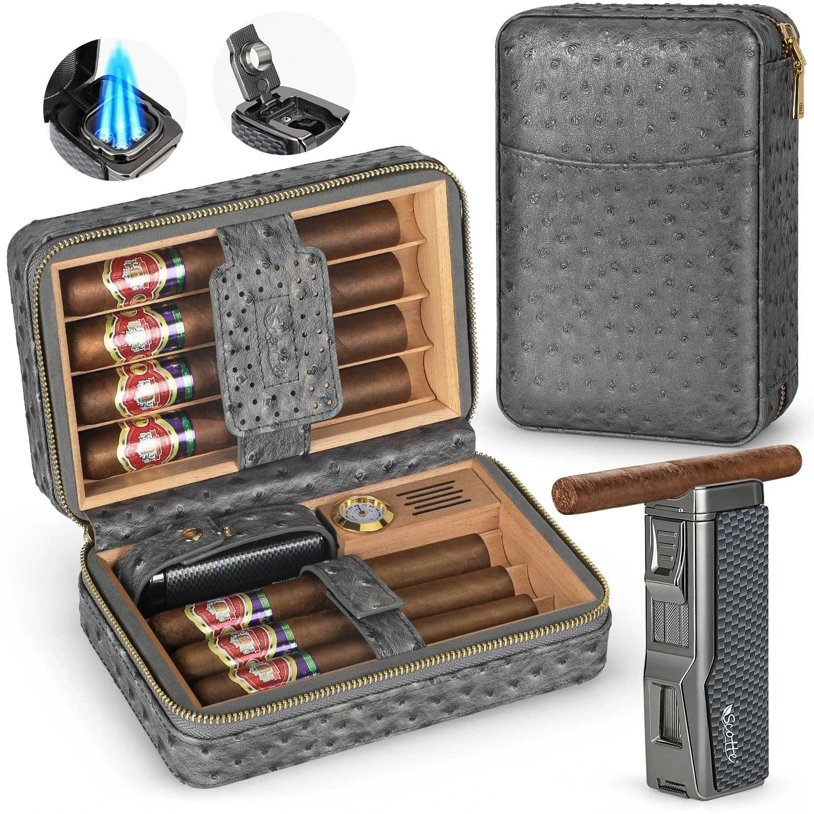 Scotte Cigar Humidor Box, Cigar Lighter Cedar Wood Lined Leather Cigar Case B…