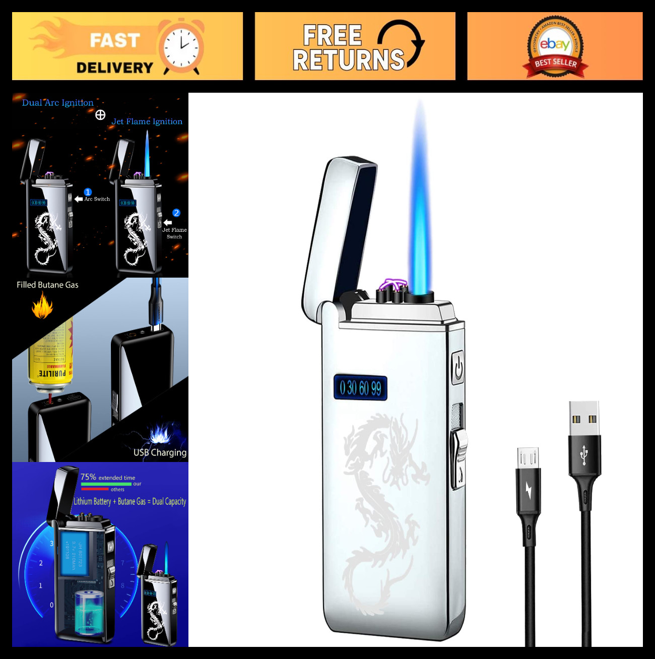 Dual Arc USB Rechargeable Torch Lighter – Windproof Butane 2-in-1 Electric Flame
