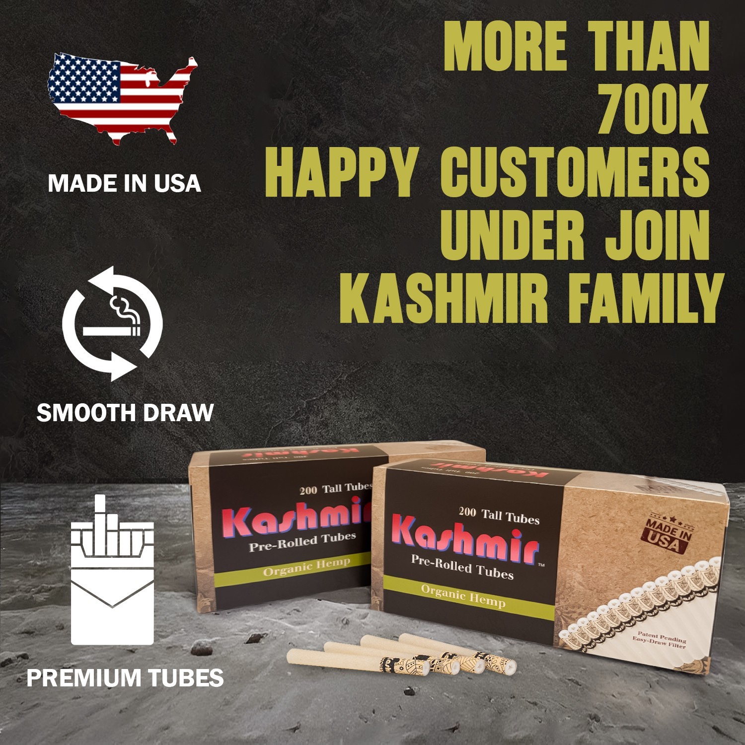 Kashmir Organic Hemp Tubes 1-1/4 Size Pre Rolled Cigarette Filter Tubes 200 Pack