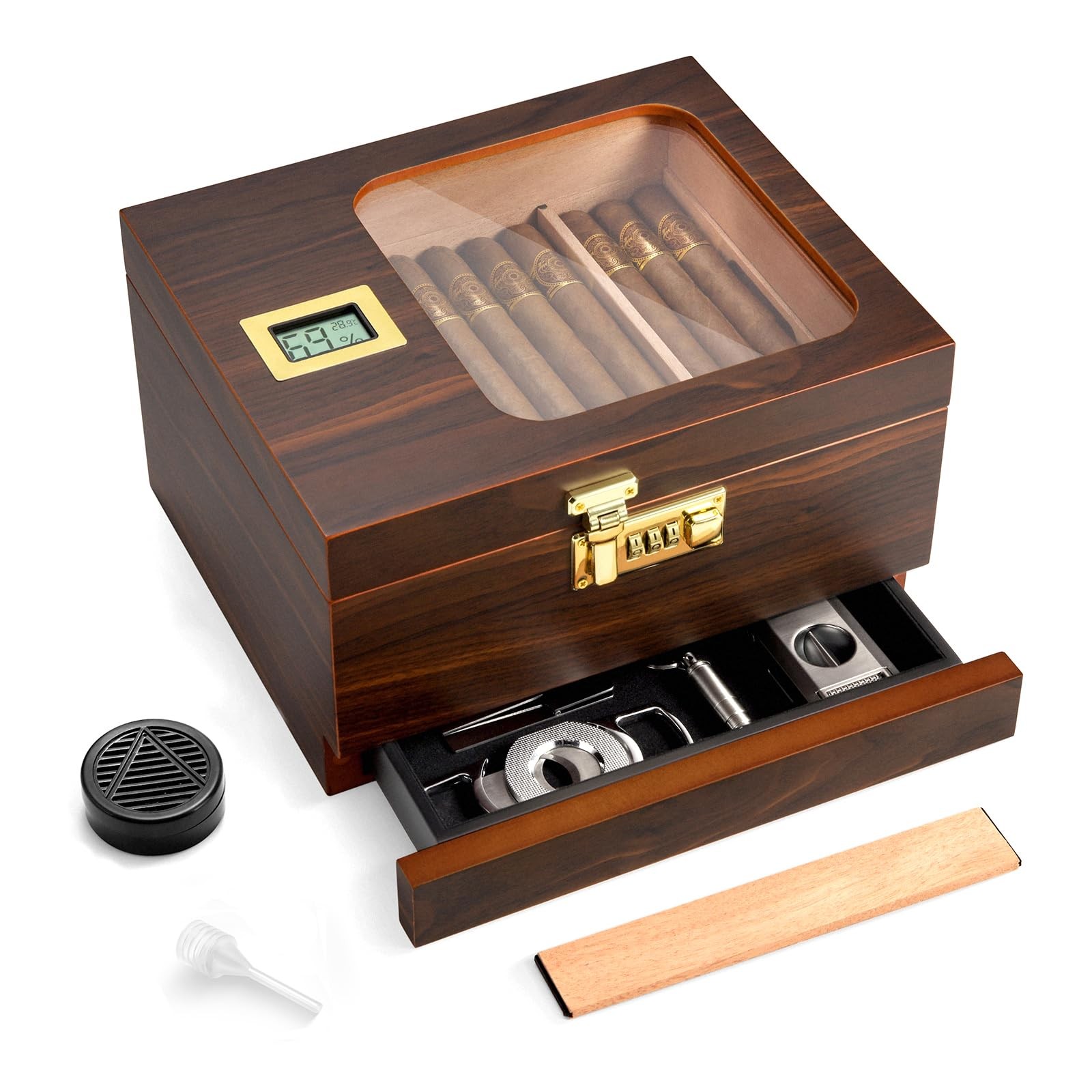 Cigar Humidor, Handcrafted Cedar Cigar Box, Glass Top Desktop Humidor with Di…