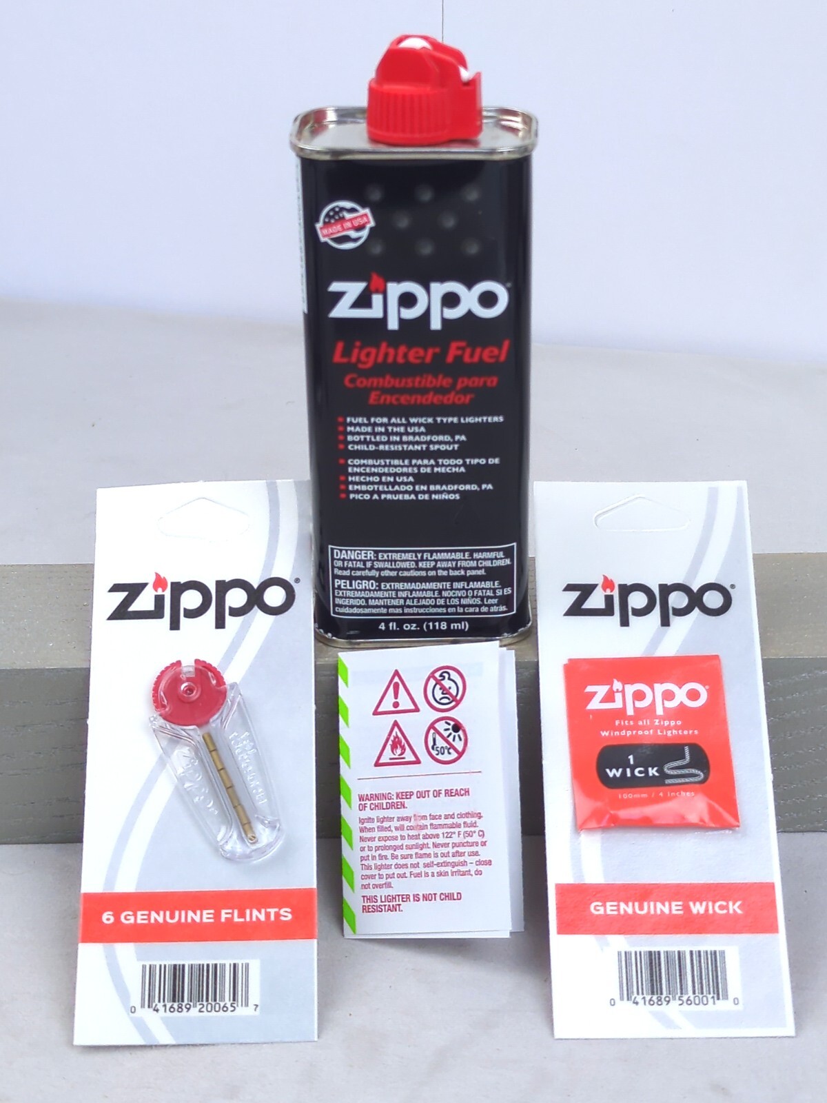 ZIPPO Lighter Combo GIFT BOX SET: 4 fl. oz. Lighter Fuel, 6 Flints, & 1 Wick