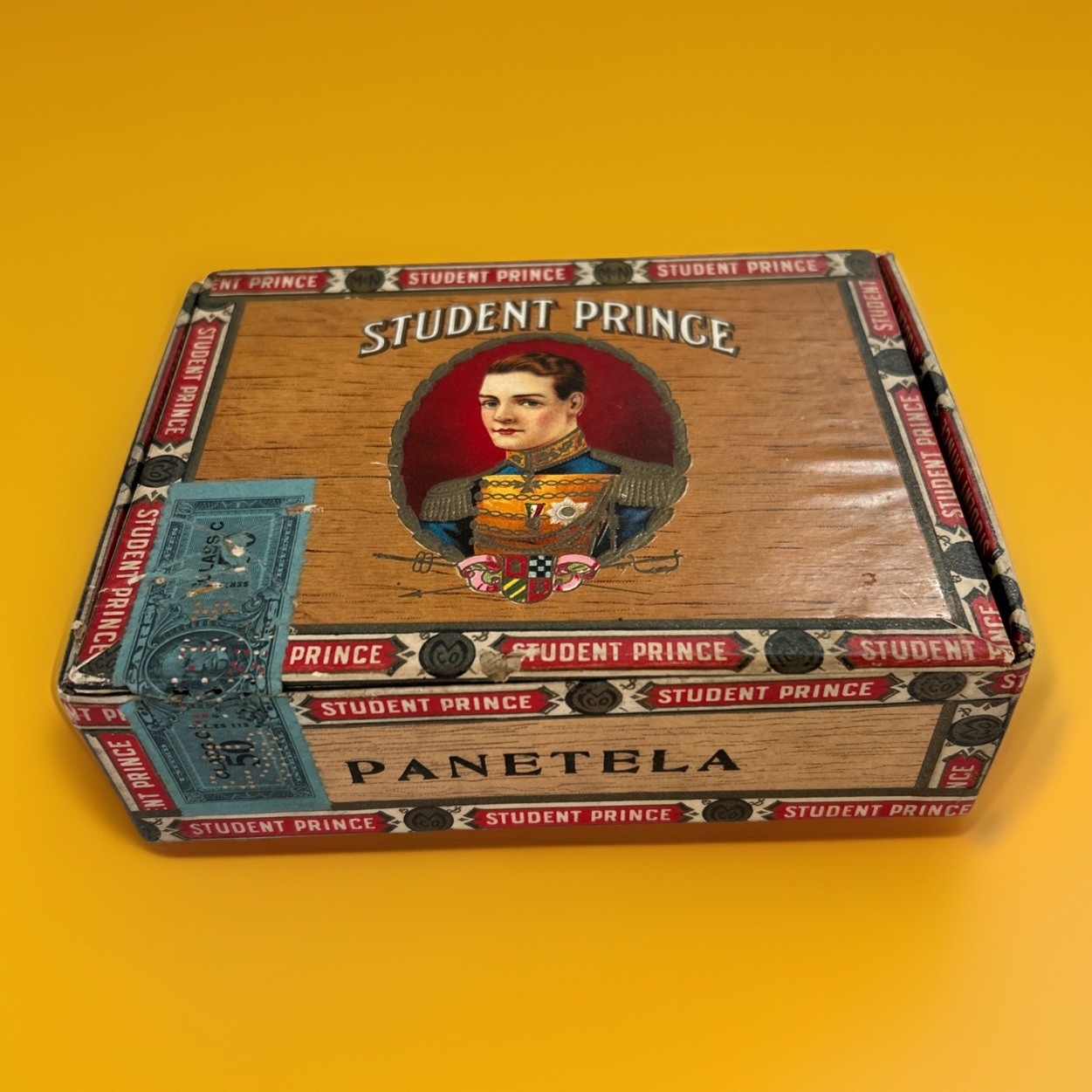 Vintage Student Prince Panetela Cigar Box EMPTY 1943 Tax Stamp J.C. Newman Ohio