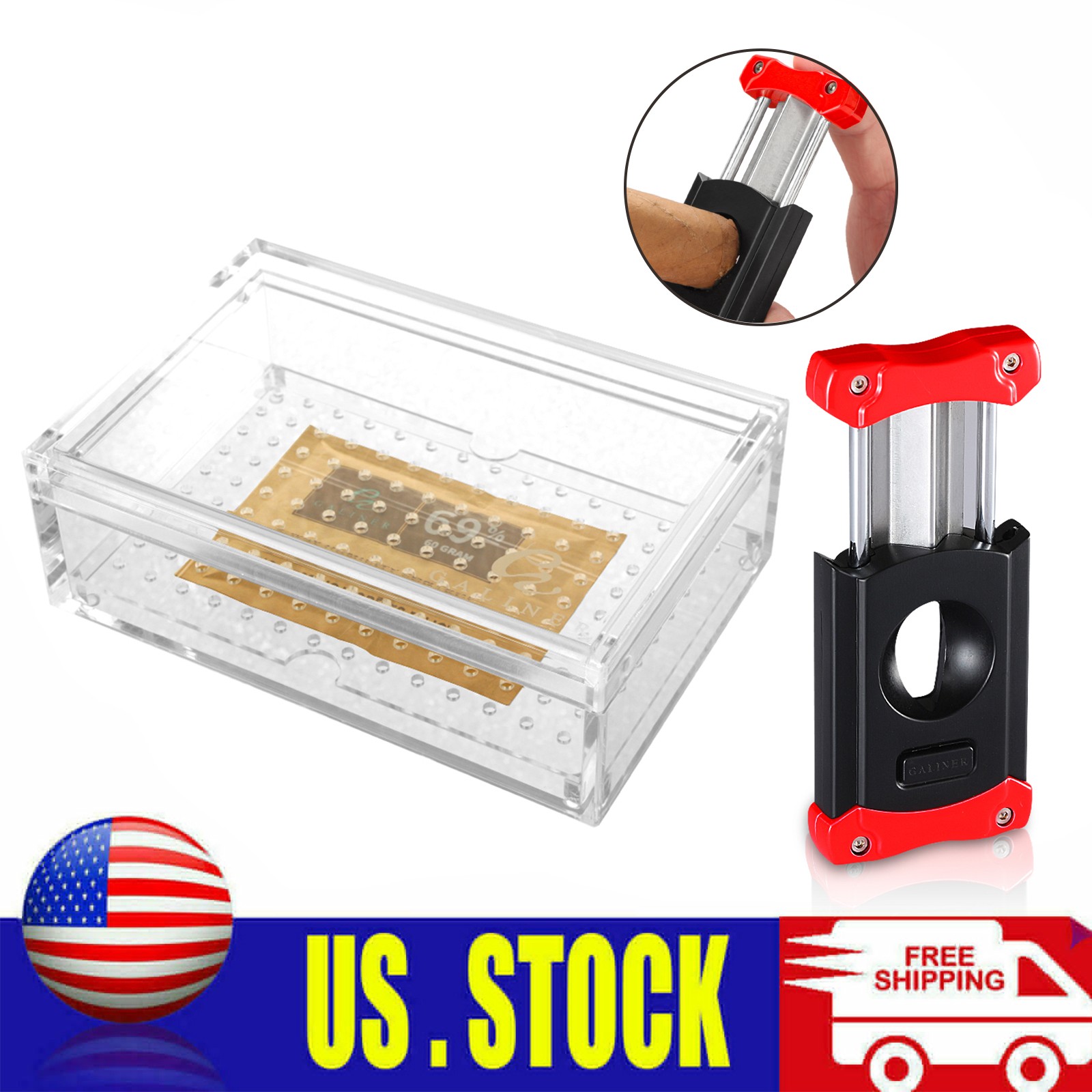 Clear Acrylic Cigar Humidor Hold 20-35 Cigars Airtight Box V-cutter Punch Holder