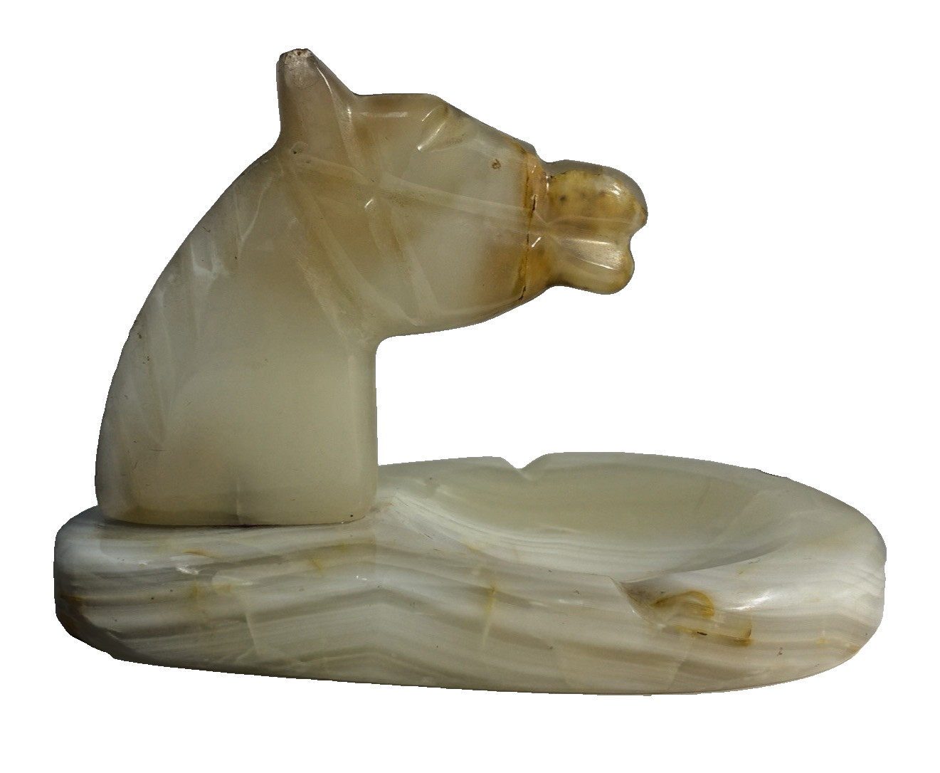 Vintage Carved Onyx Horse Head Ashtray Trinket Dish Mid Century Modern Stone