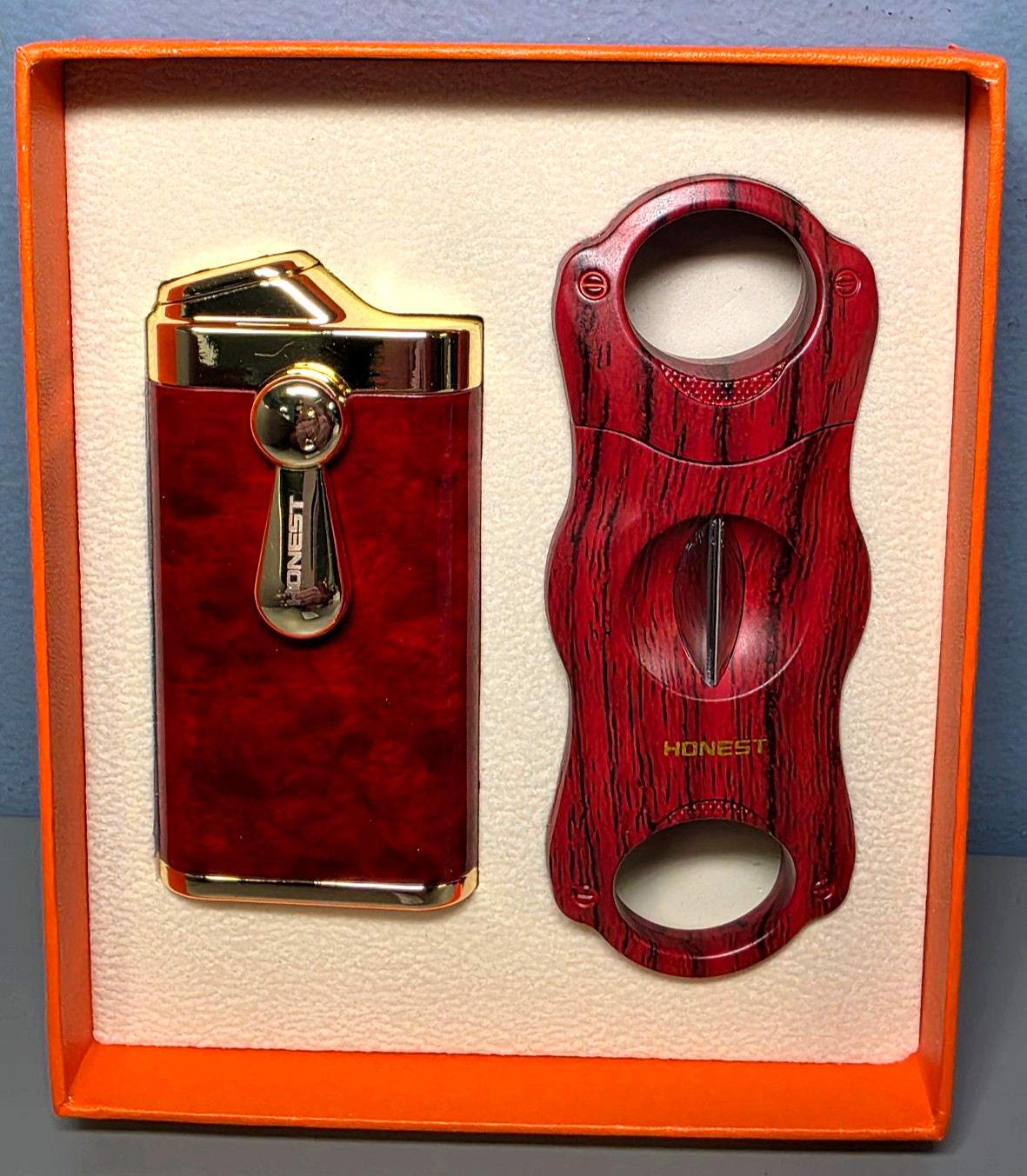 Honest Double Jet Flame Torch Lighter and Cigar Cutter Gift Set -Brown -New
