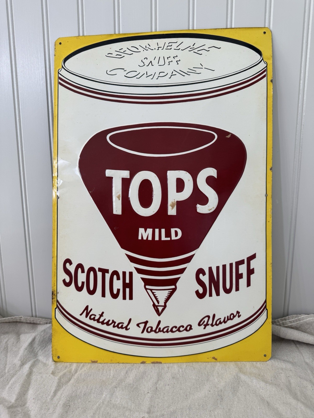 VTG. ORIGINAL TOPS SCOTCH SNUFF TIN EMBOSSED ADVERTISING SIGN / GEO. W. HELME