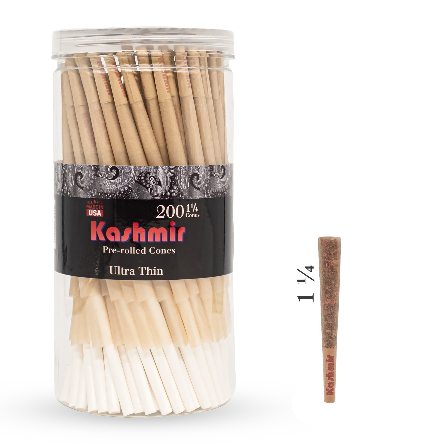 Ultra thin 1 1/4 Size Pre Rolled Cones 200 Ct Rolling Paper Cones W Tips-Kashmir