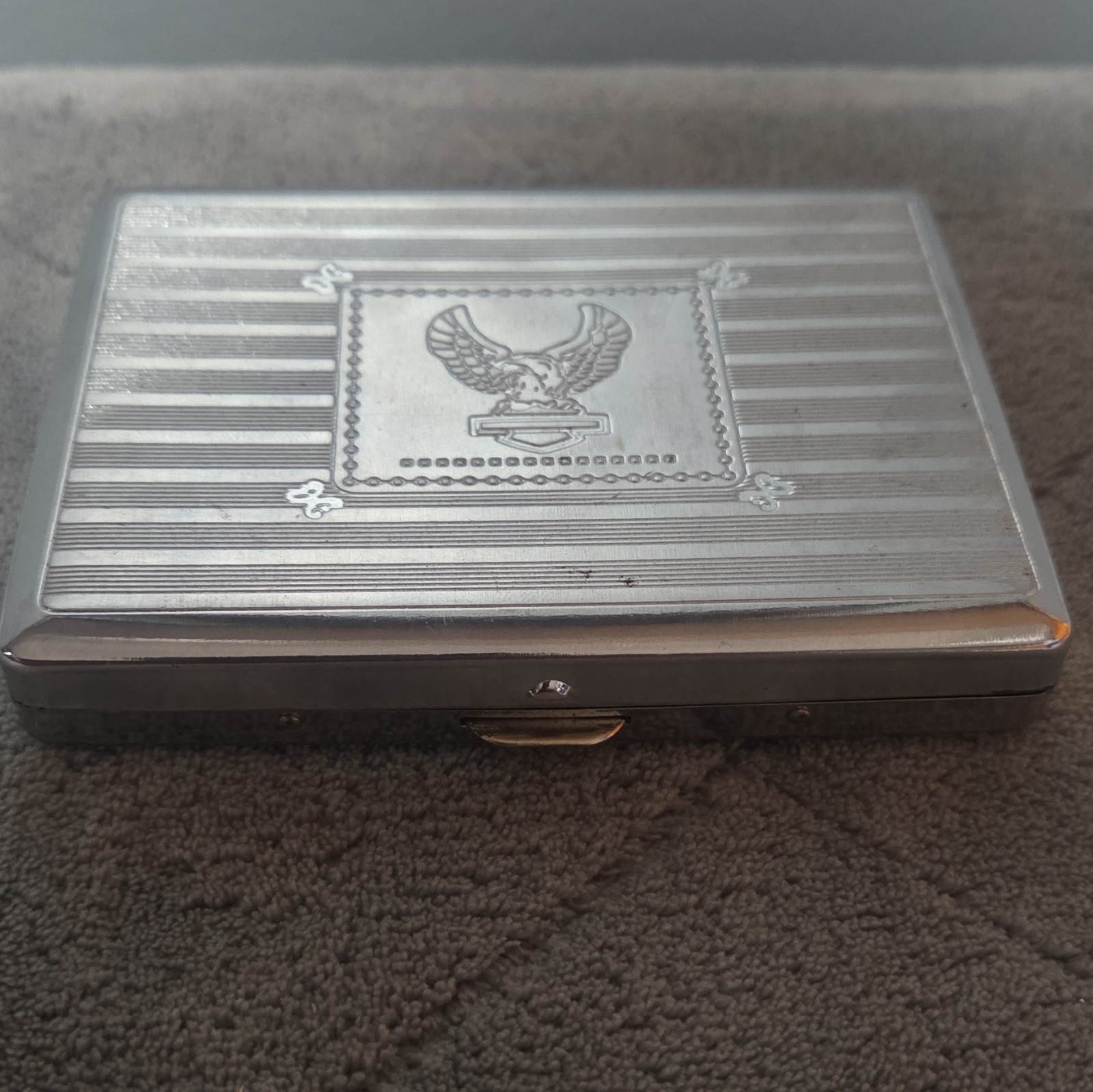 Vintage Silver Tone Metal Hinged Cigarette Tobacco Case w/ Eagle Emblem