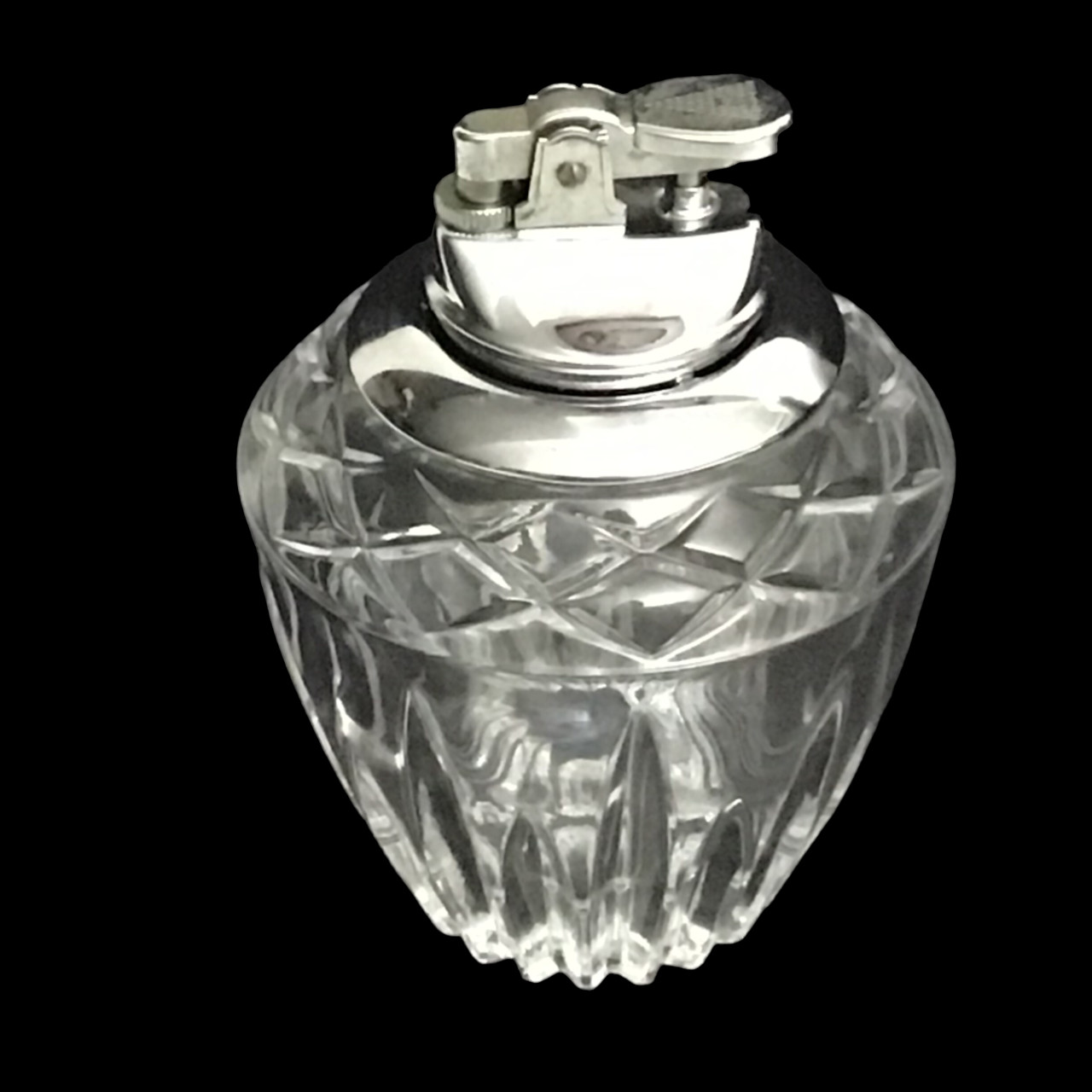 Vtg Clear Crystal Cut Glass Table Top Lighter Chrome Cigarette Tabaco 4.5″ Japan
