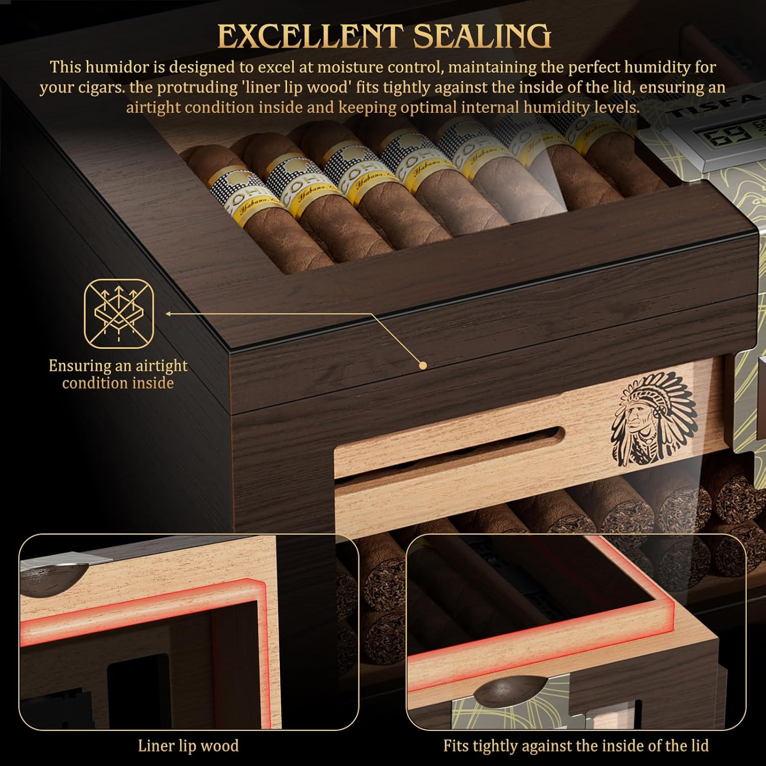Cigar Humidor Cedar Wood Box Digital Hygrometer Case Set Sun