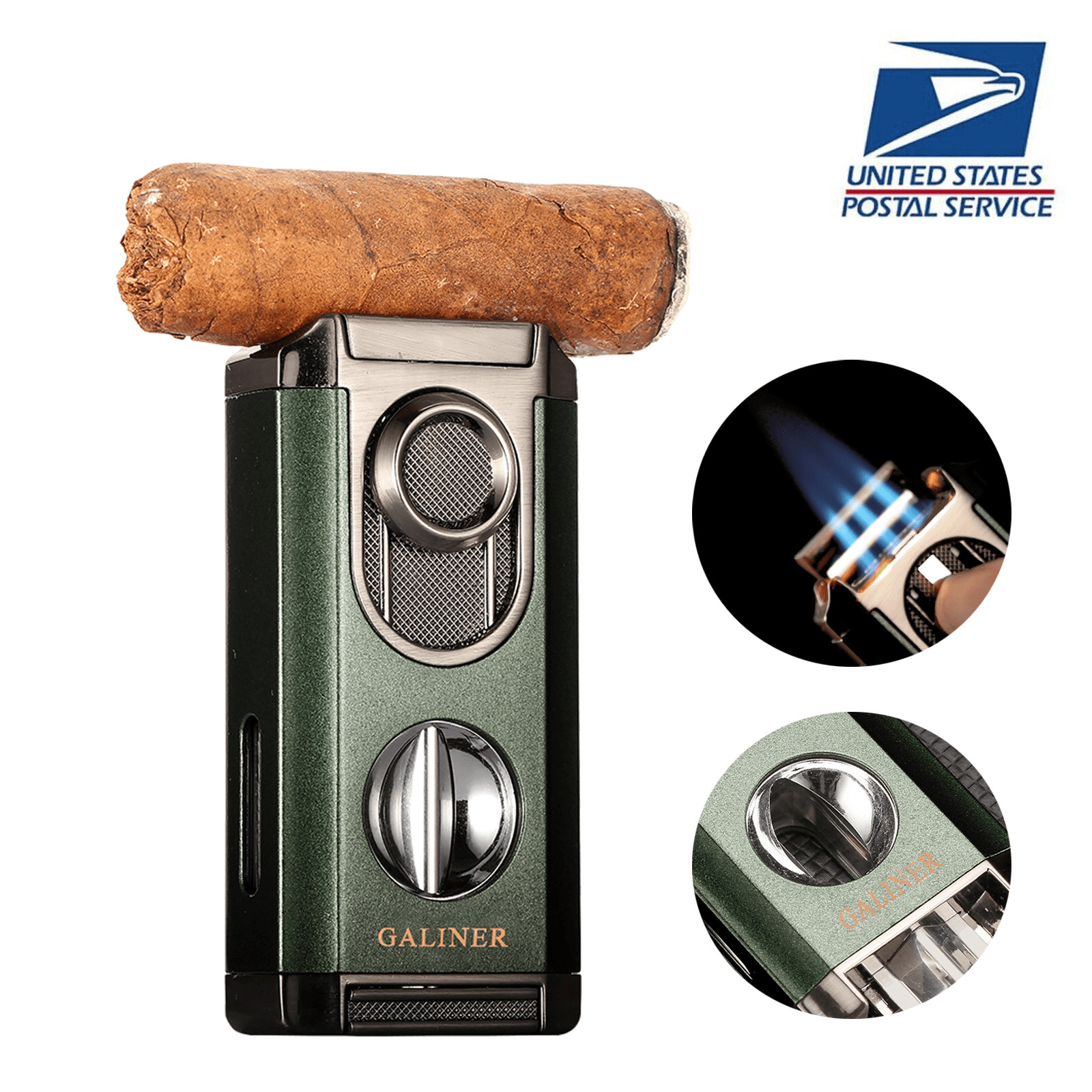 Galiner Windproof Torch Cigar Lighter Metal Portable Holder 3 Jet Flame V-cutter