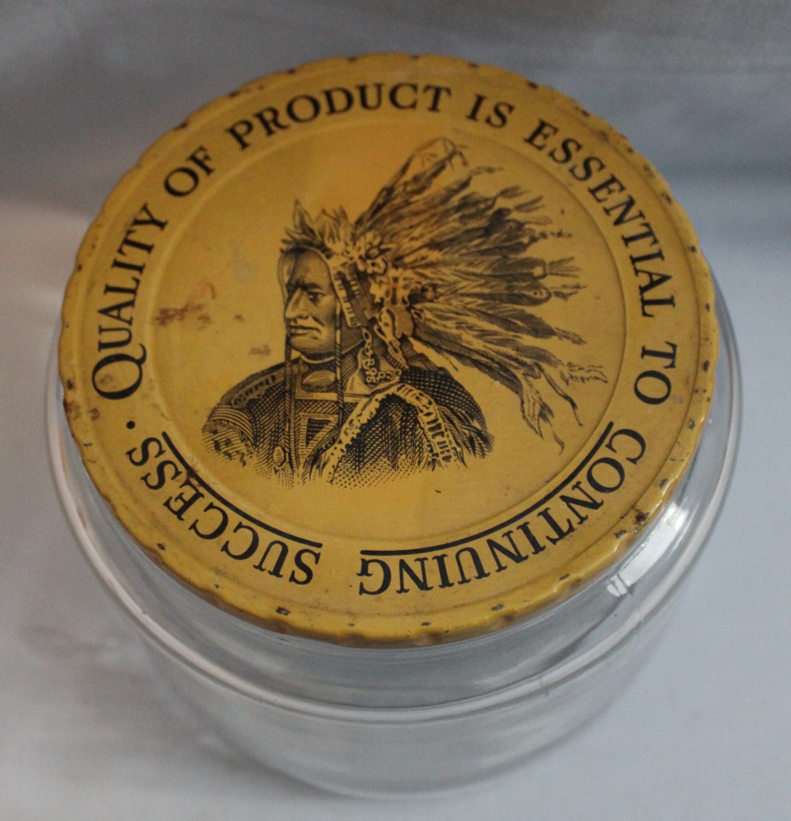 Antique Vtg 30s – 40s Duraglass Tobacco Jar Humidor American Indian Chief Litho