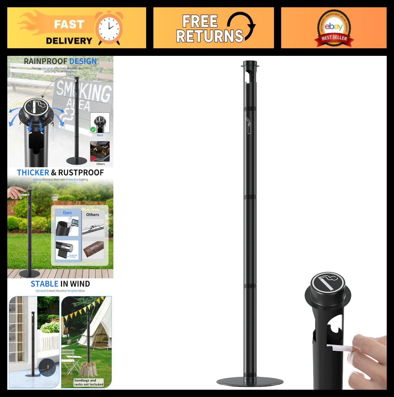 Outdoor Indoor Ashtray – 50″ Waterproof Cigarette Butt Disposal Stand – 2″ Stain