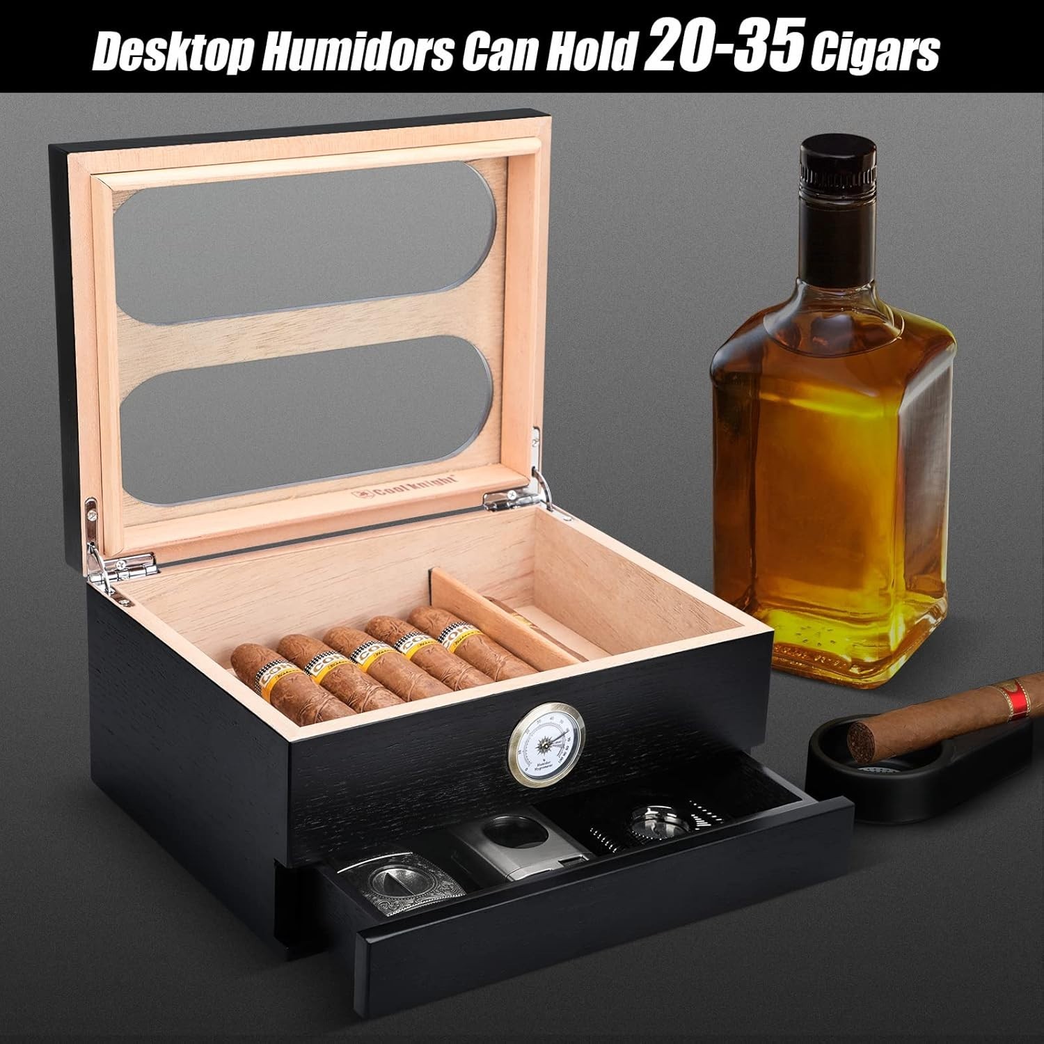 Spanish Cedar Cigar Humidor – Glass Top & Humidifier for 20-35 Cigars