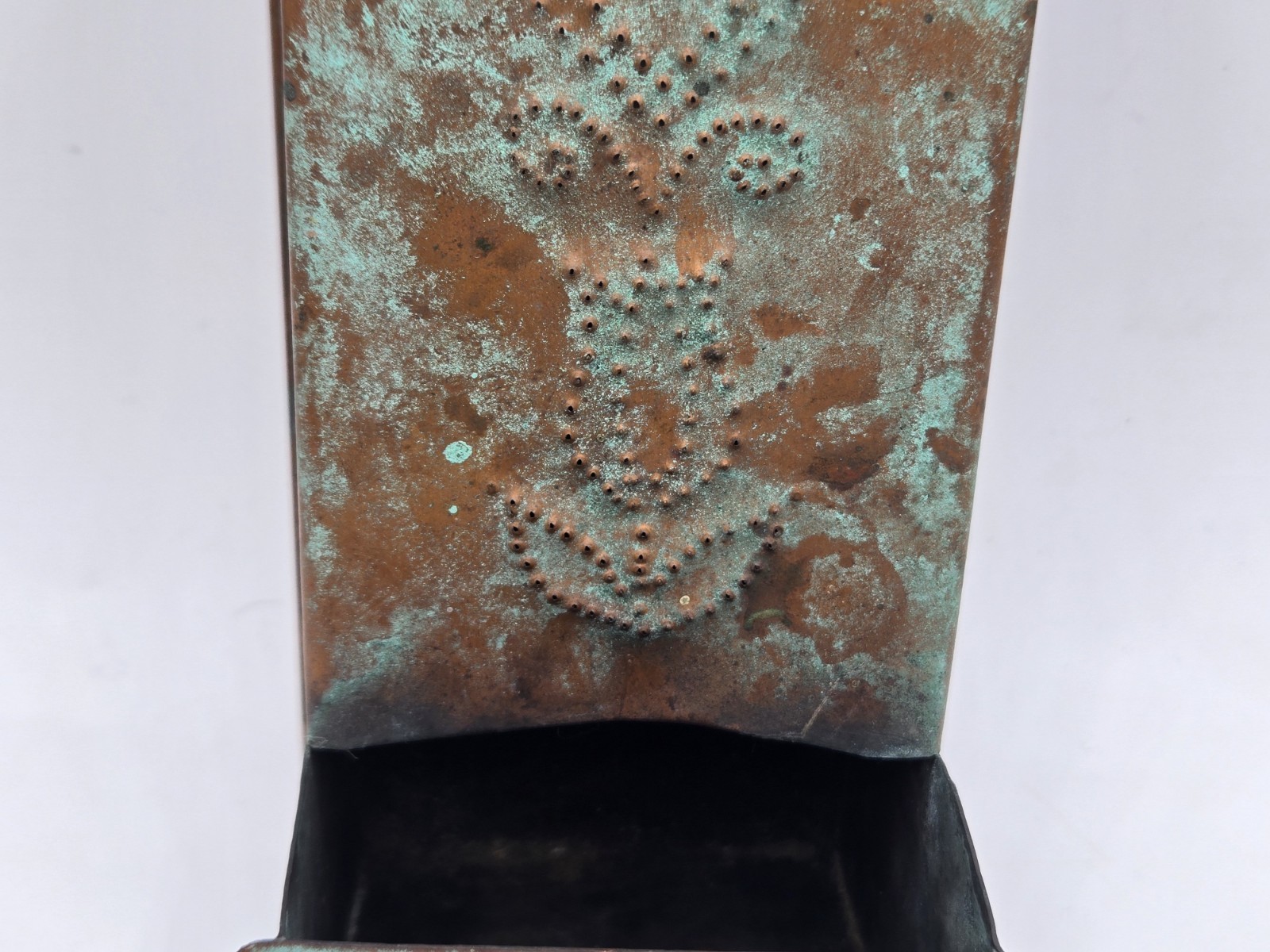 Copper Wall Mounted Match Stick Holder Green Patina Heart & Tulip Punched Design