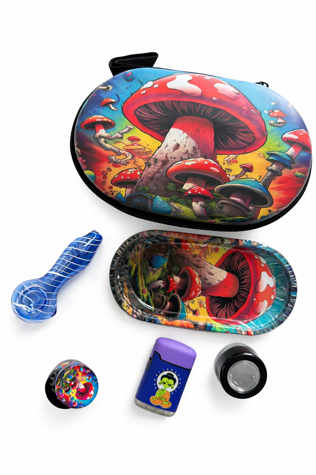 Mushroom Art Smoking Kit Set – Glass Pipe, Rolling Tray, Smell-Proof Pouch & Acc