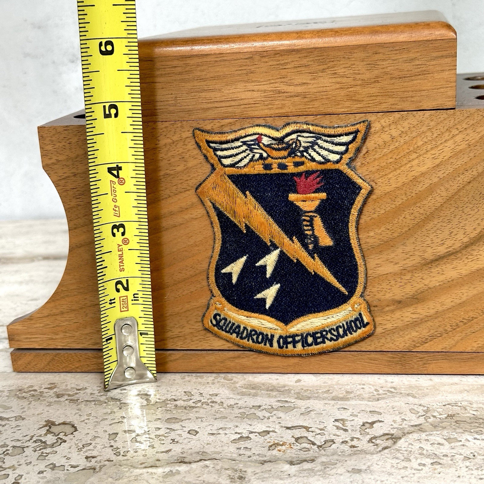 Vintage Decatur Ind. Walnut 6 Pipe Rack/Stand Humidor~Maxwell AFB SOS Patch