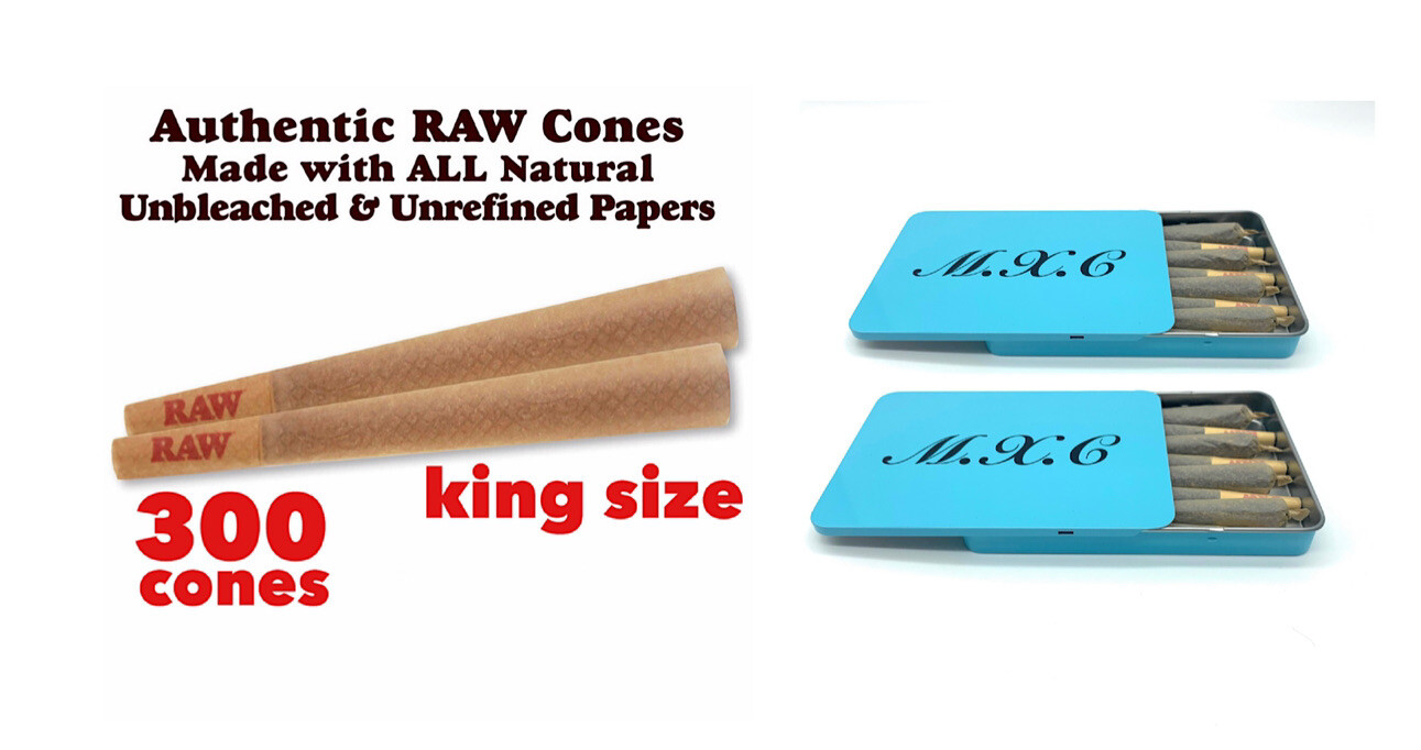Raw cone Classic King Size Cone(300 Pack)+ 2X steel slide lock cone holder case