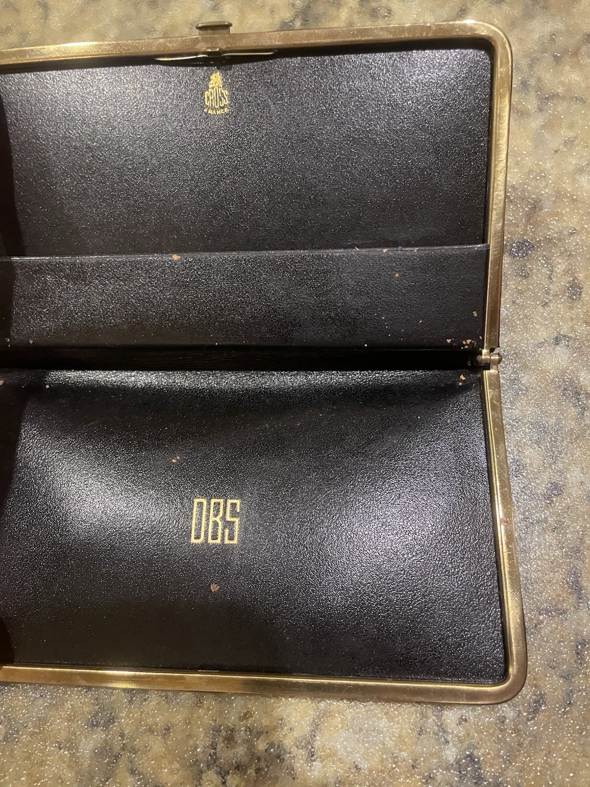 Vintage Mark Cross France Black Lizard Skin Hard Case Wallet Monogram DBS Gold