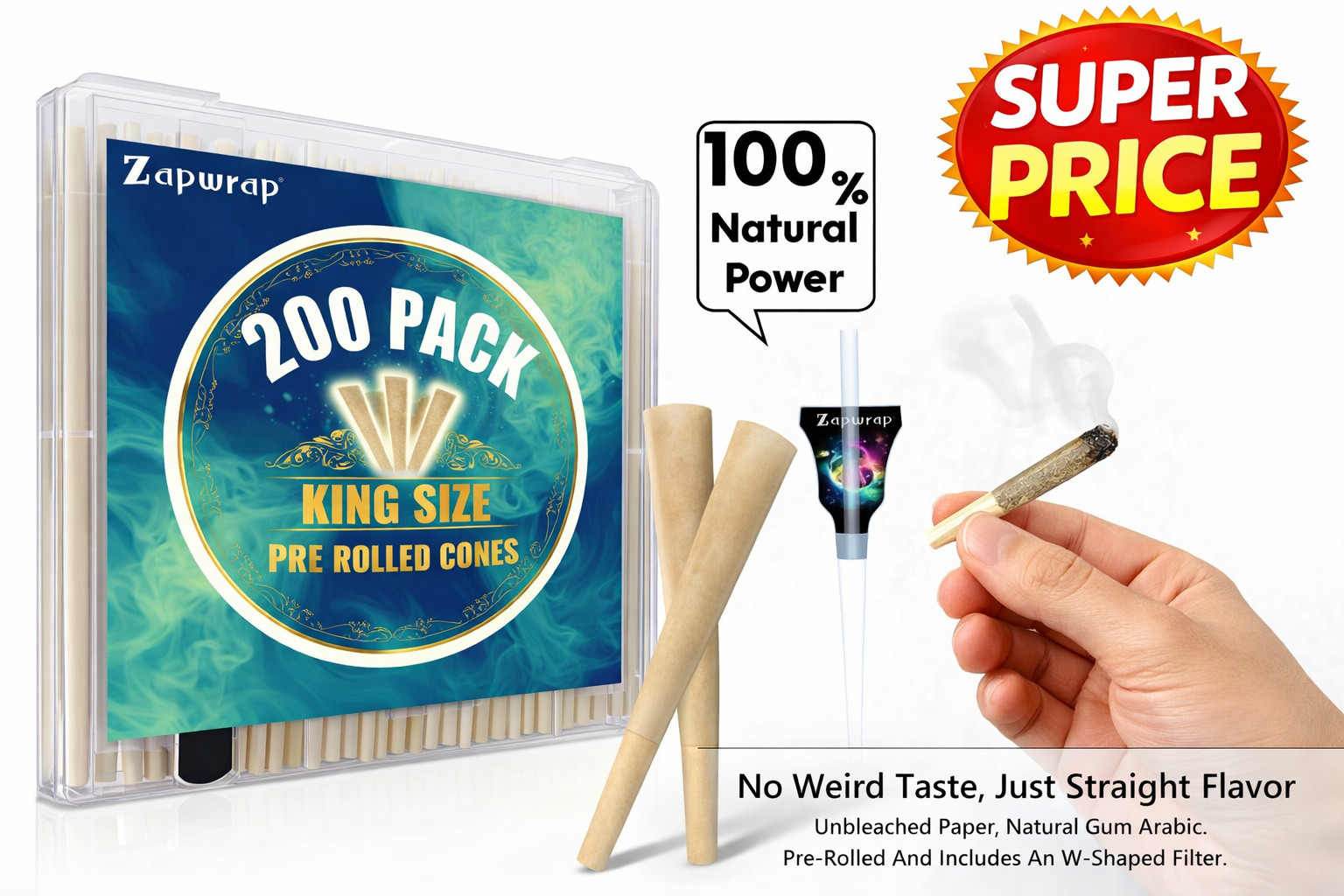 200 Pack Pre Rolled Cones | Natural Slow-Burning Cones Rolling Paper | 108mm Kin