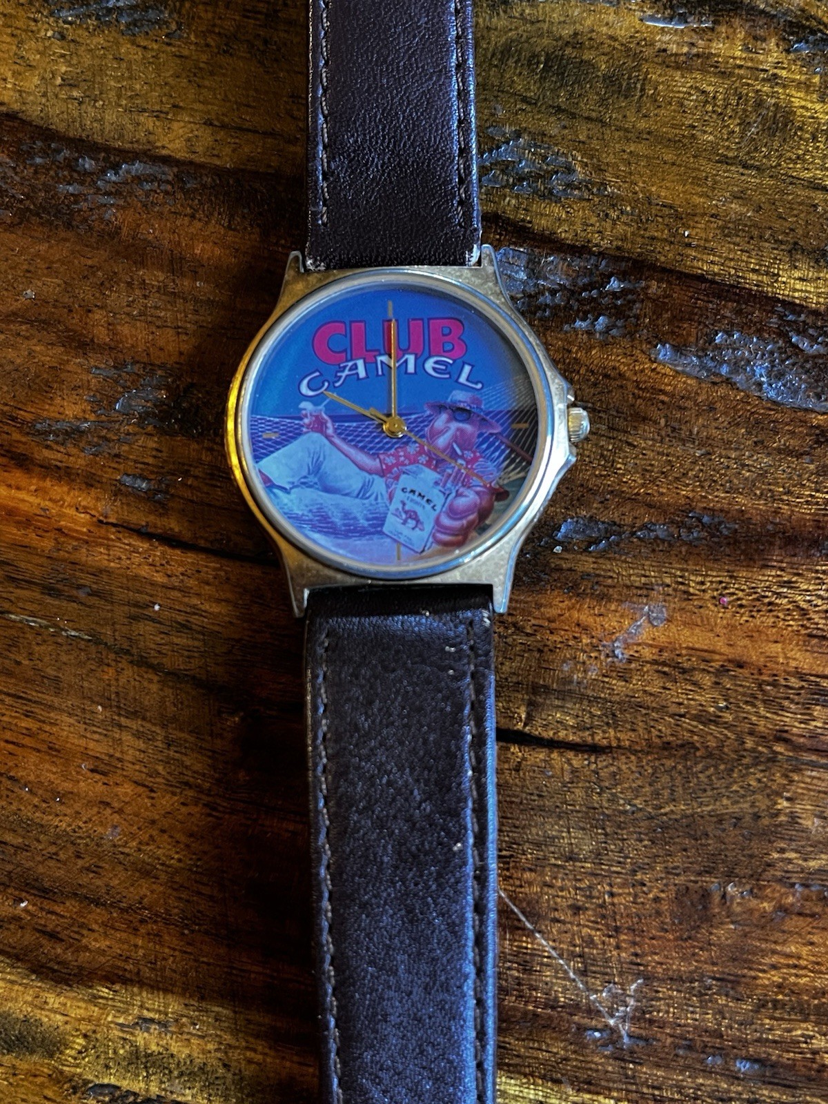 Vintage 90s Club Camel Joe Camel Watch Gold Case Brown Leather Band Quartz 27 mm