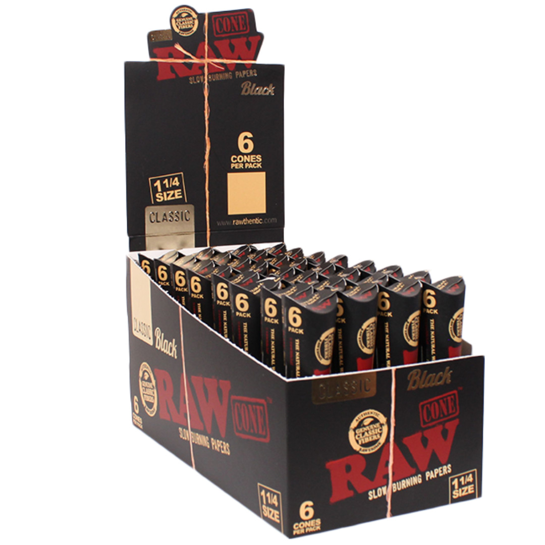 RAW Black Classic Pre-Rolled Cones 1 1/4 Size Display Box of 32 Packs (192 Cone)