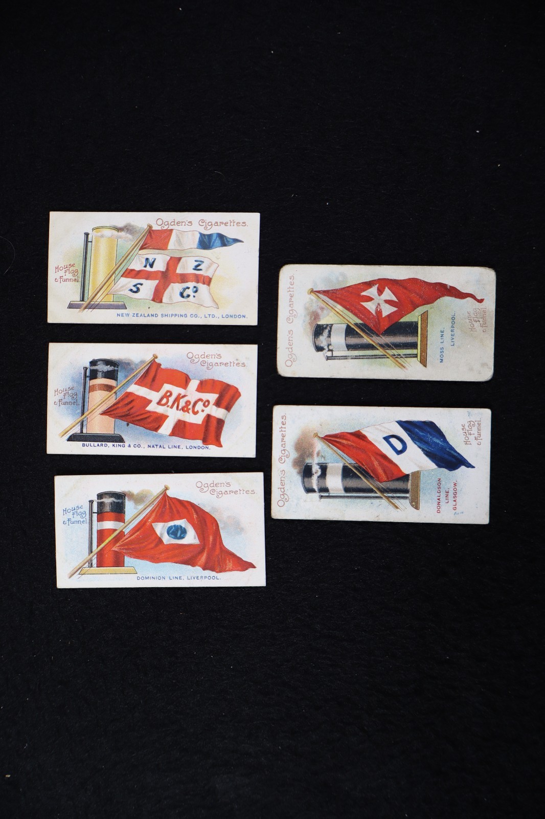 O Lot of 5 Cigarette Cards Ogdens Flags & Funnels of Leading Steam Ships Lines