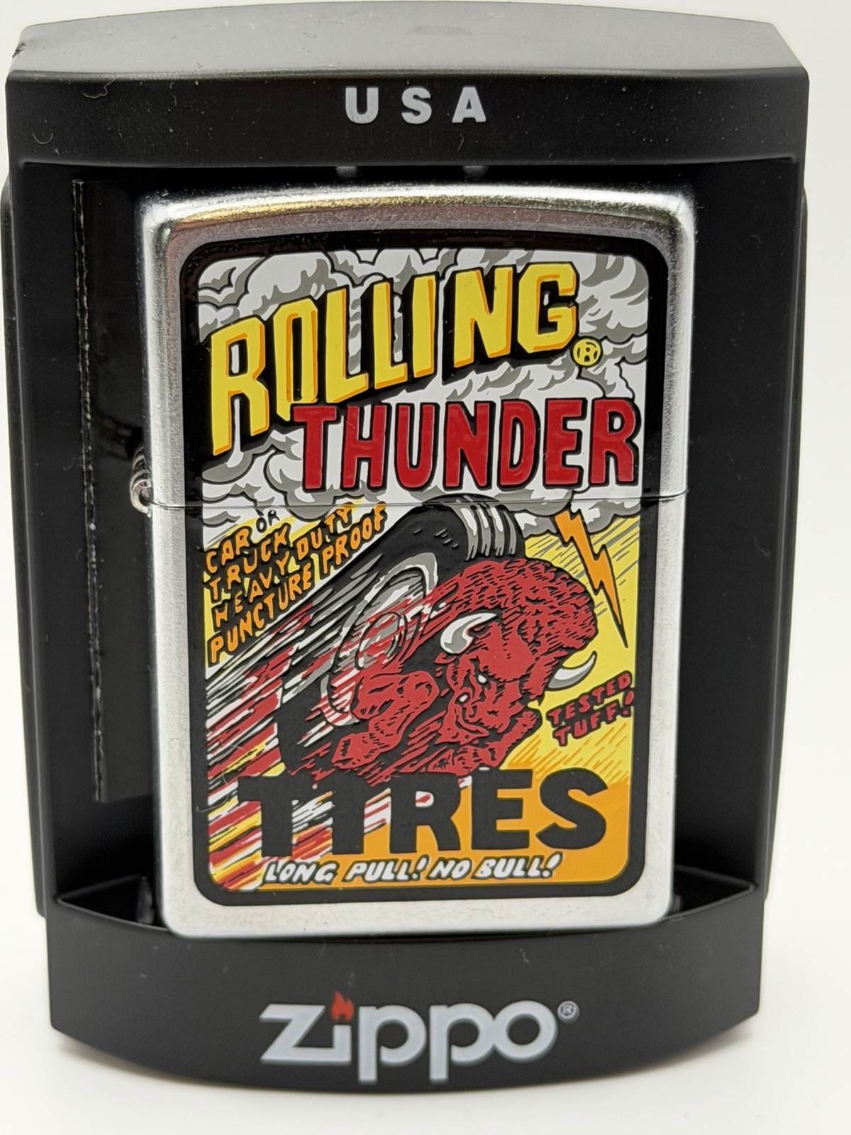 Vintage 2005 Barrett Smythe Rolling Thunder Tires Chrome Zippo Lighter New B10