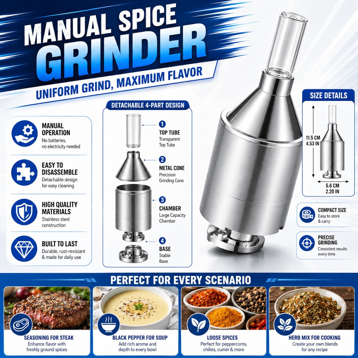 56mm Big Size Manual Metal Spice Powder Grinder Hand Crank Funnel Container Tool