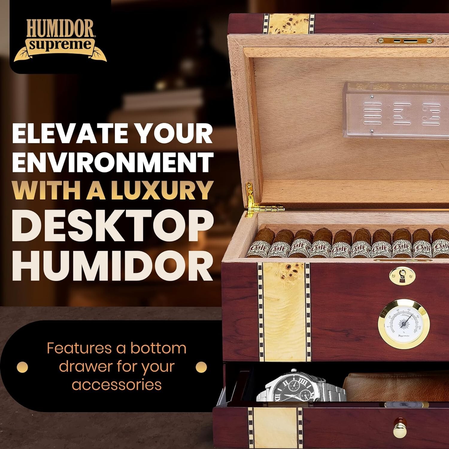Solana Desktop Cigar Humidor, Rosewood W/ Maple-Burled Wood Inlay, Spanish Cedar