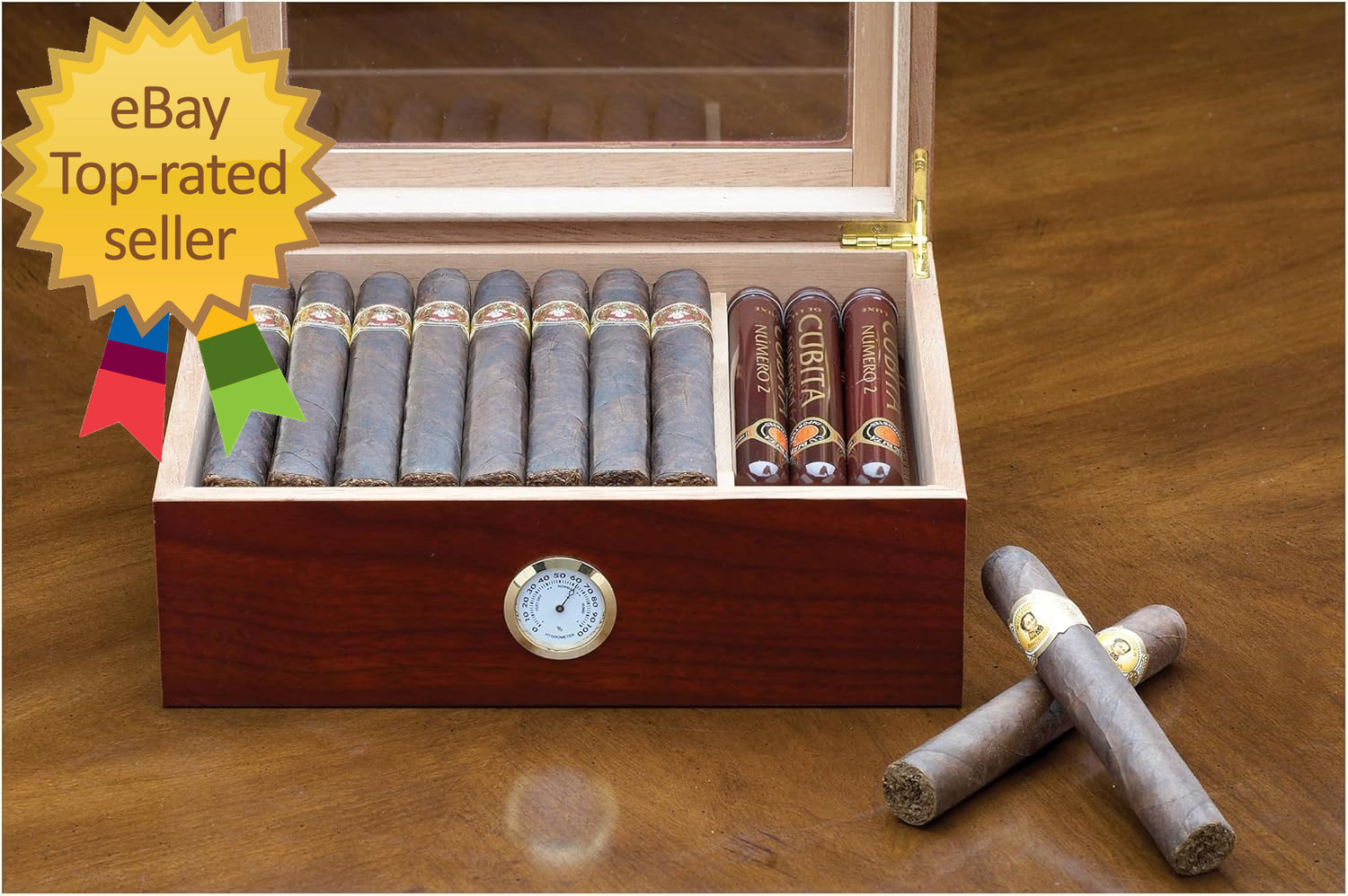 Chalet Glass Top Desktop Cigar Humidor with Hygrometer and Humidifier