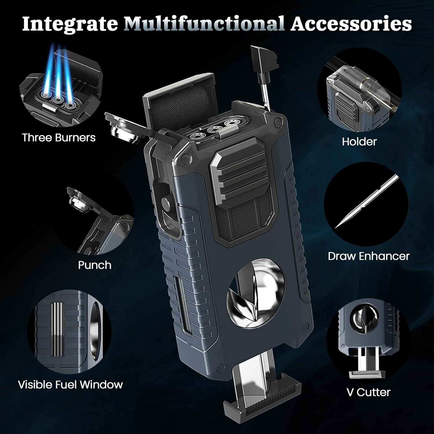 All-in-One Cigar Torch Lighter with V Cigar Cutter,Holder,Jet Flame Christmas Gi