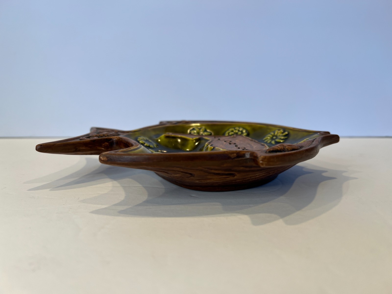 1962 Treasure Craft Ceramic Green Glaze Fish Trinket Dish Ashtray Florida Vtg