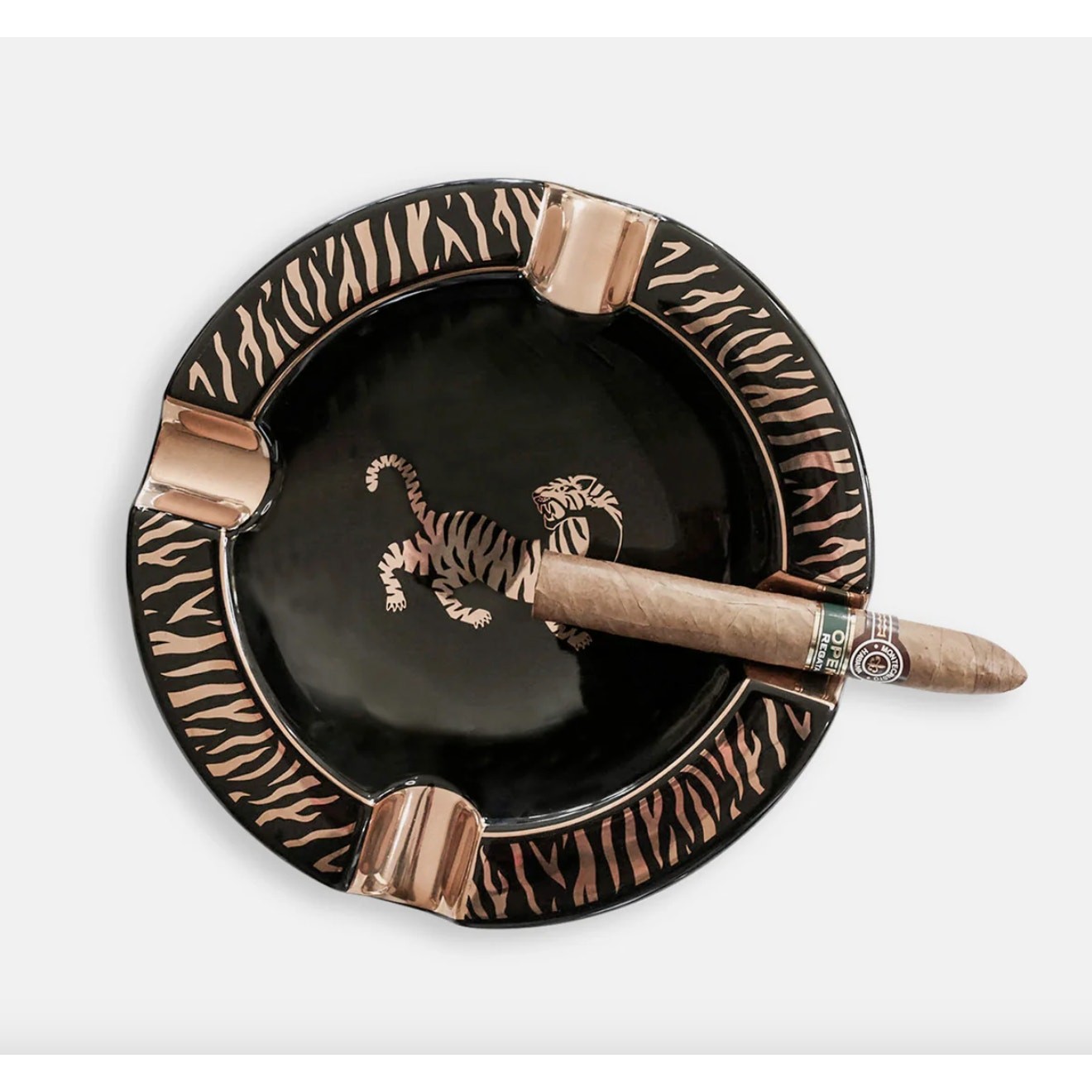 Tiger Large Black & Gold Ceramic Cigar Ashtray (4 Cigars) Indoor/Outdoor New