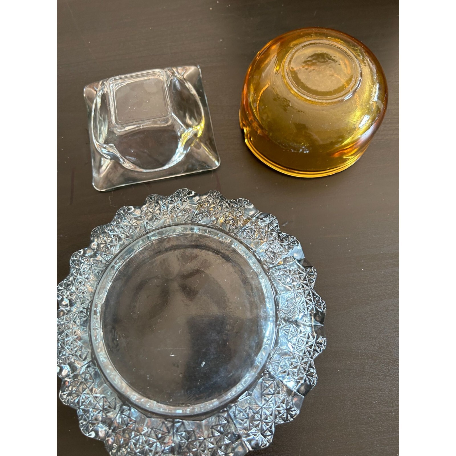 Amber Thick Clear Crystal Glass Set Of 3 Cigarette Ashtray Decorative Vintage