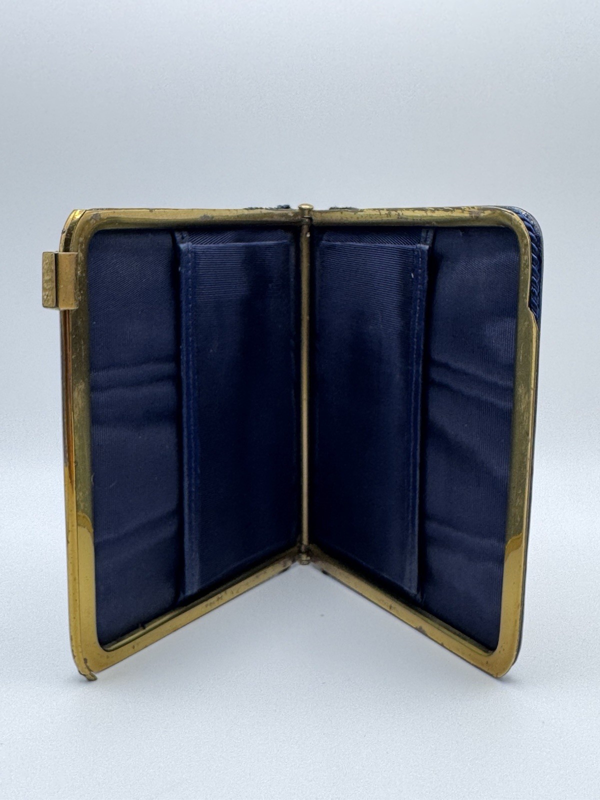 Vintage Leather Cloisonne Cigarette Case Wallet Blue Red Gold Floral Compact