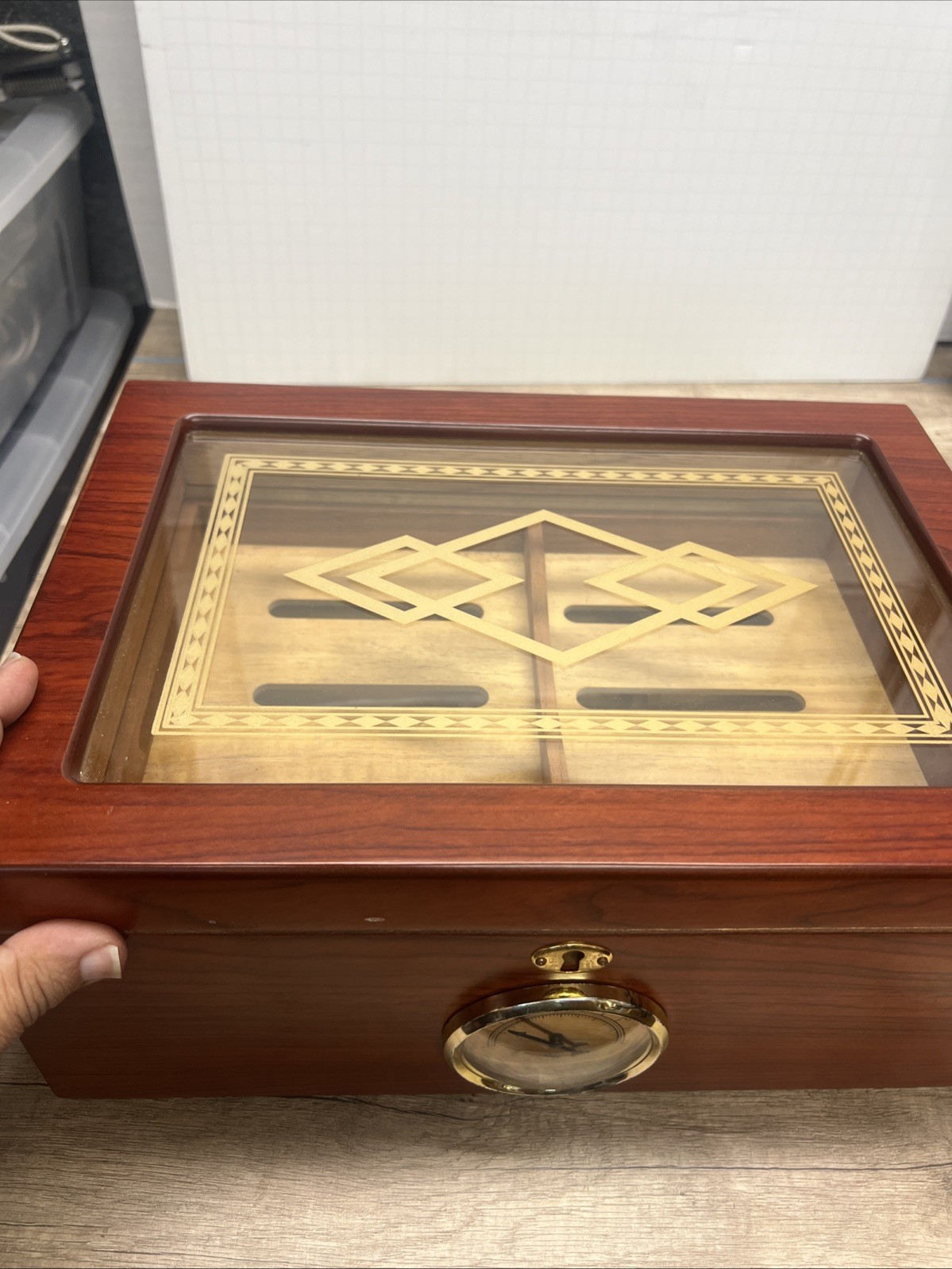 Bally II Cigar Humidor Wood Box, Beveled Glass Top, External Analog Hygrometer