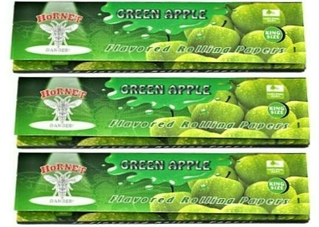 3x Green Apple Juicy Flavored King Size Rolling Papers by Hornet 32Lvs USA