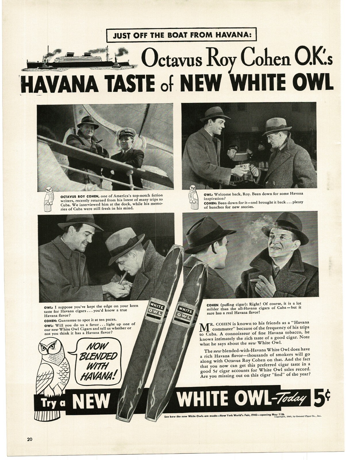 1940 White Owl Cigars Octavius Roy Cohen fiction writer author Vintage Print Ad