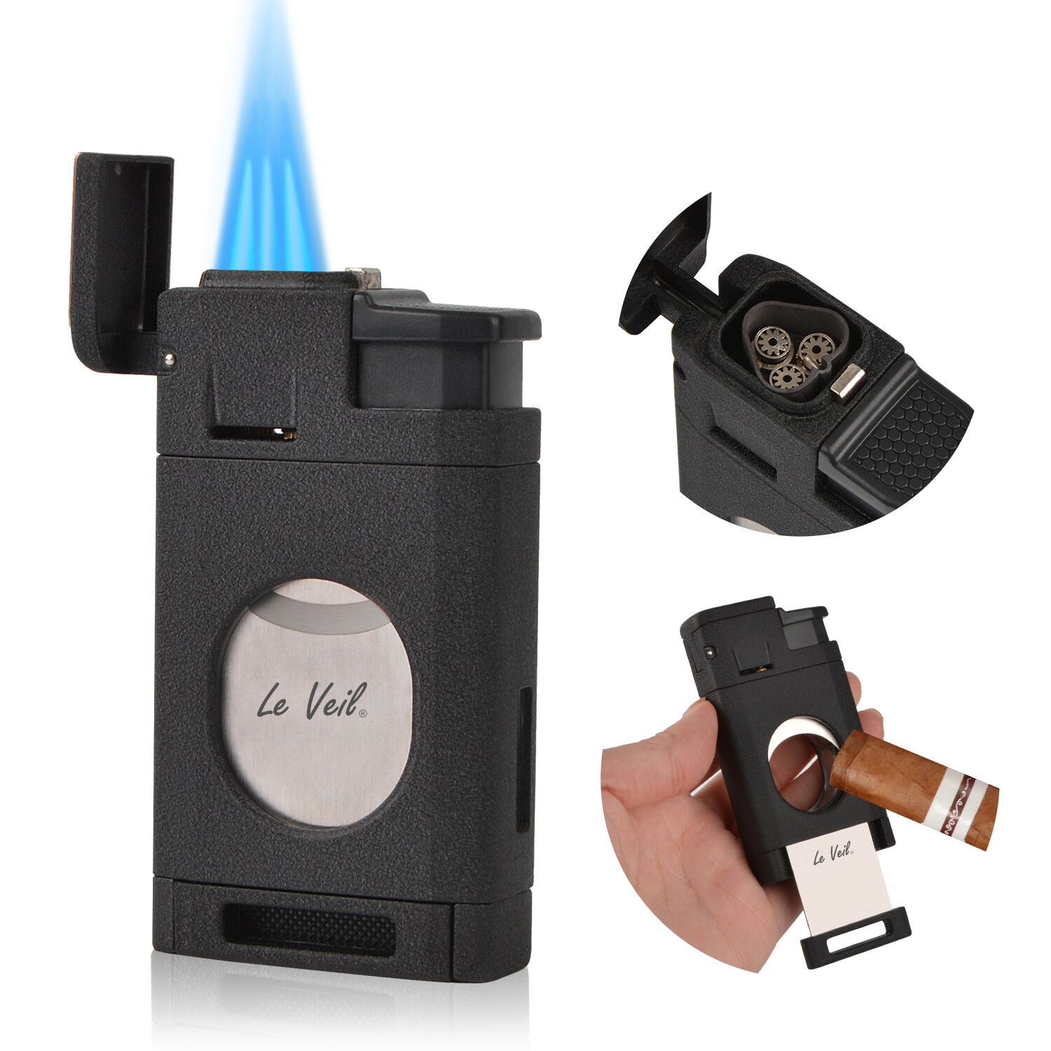 Le Veil 2-in-1 Lighter with cutter 60R – Black – 3 Jets – New In Box -625004