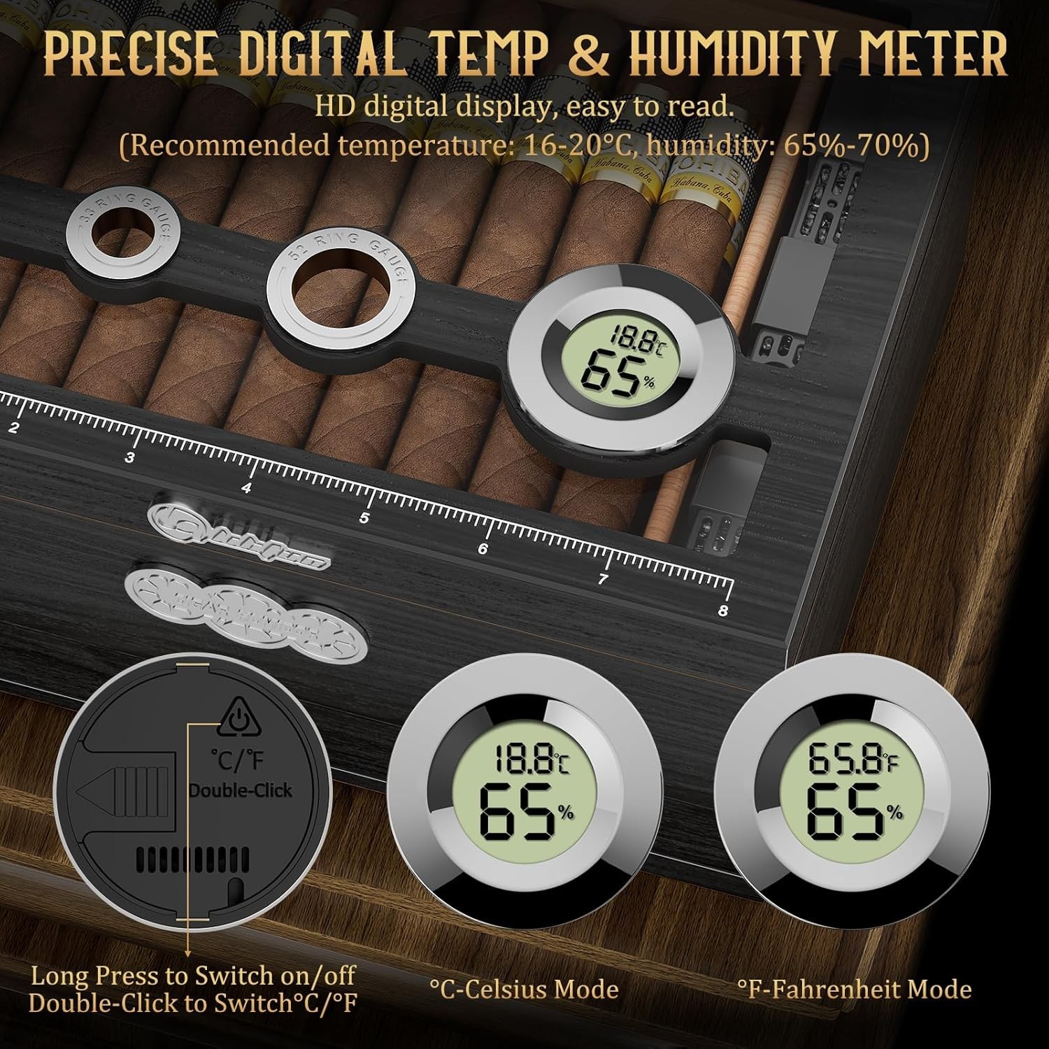 Cedar Wood Cigar Humidor Glass Top Desktop Box Digital Hygrometer Humidifier