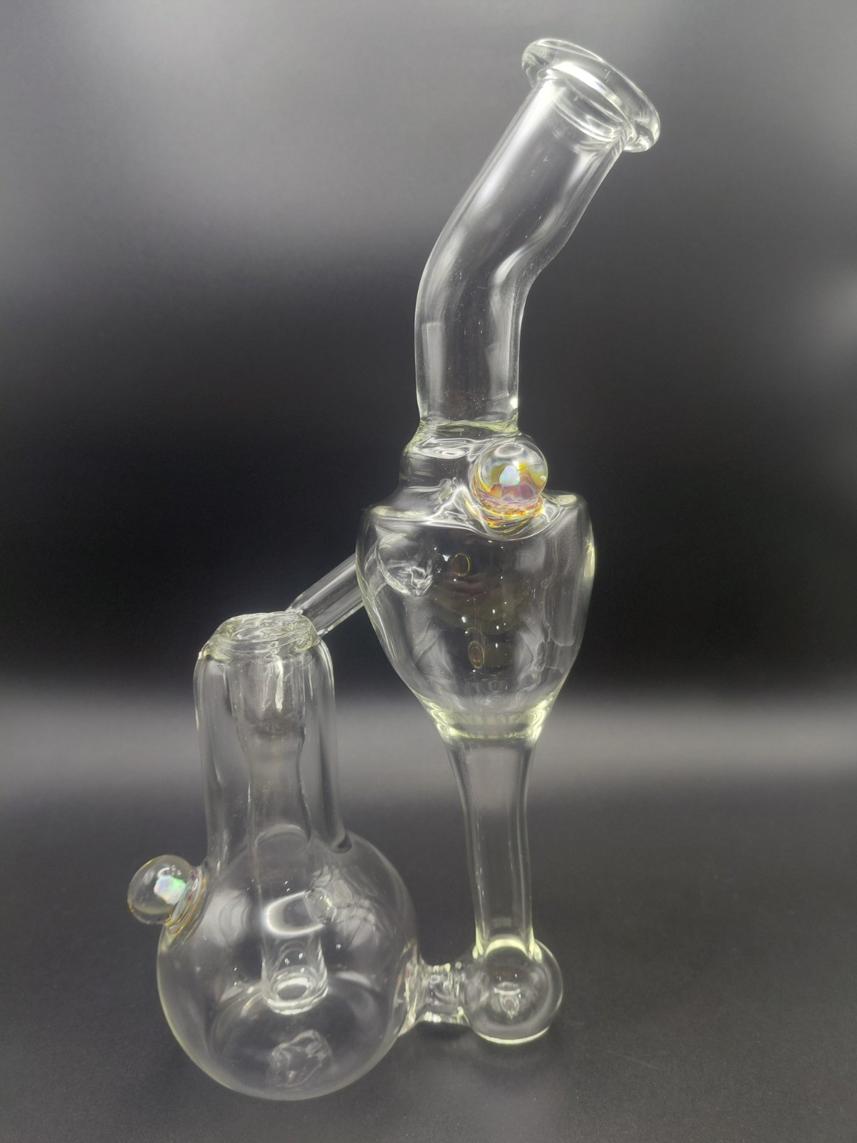 Clear Glass Rig RBR recycler w/ 2 opals backed in amber purple USA made