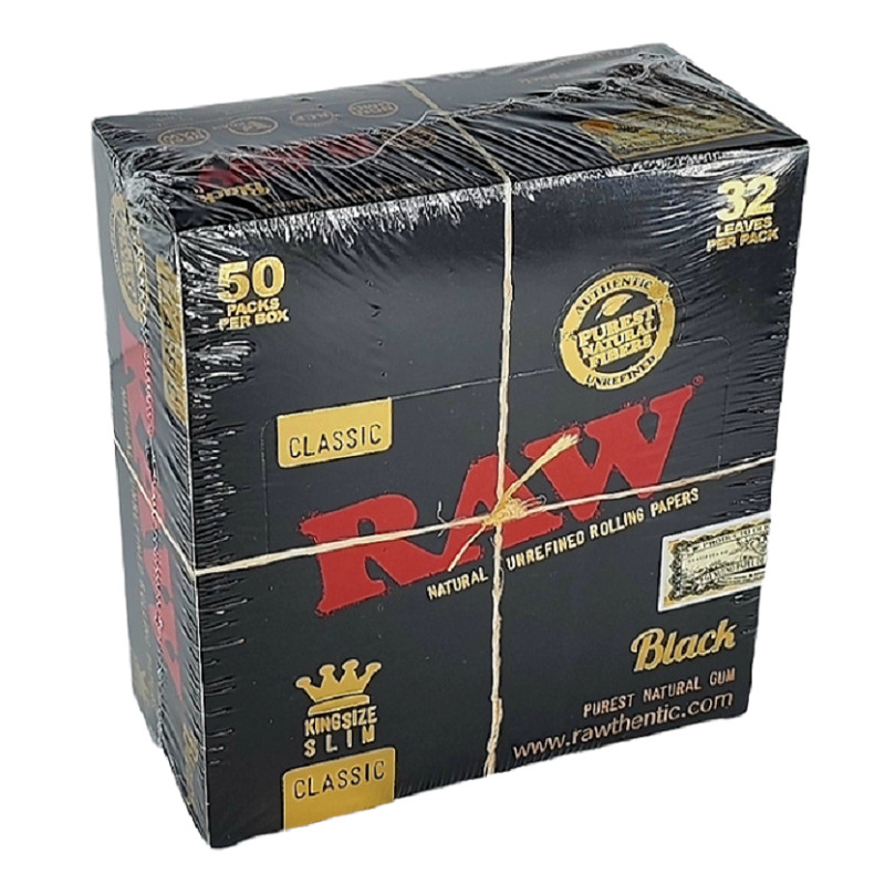 Raw Black Classic King Size Slim Natural Rolling Papers, 50 Packs Box AUTHENTIC