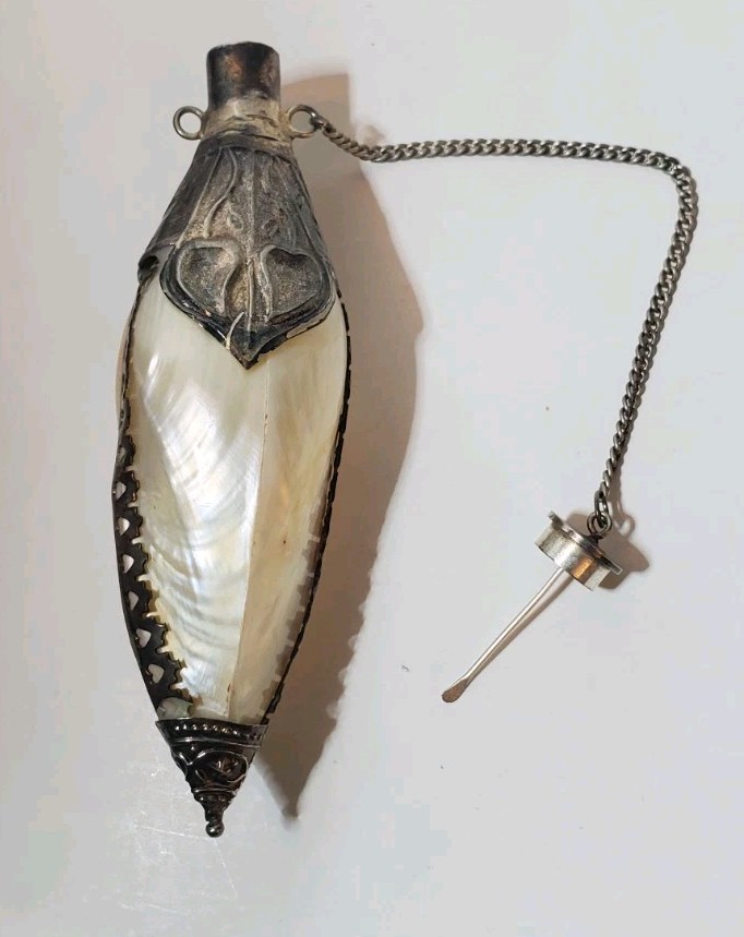 VINTAGE ANTIQUE MOTHER OF PEARL & SILVER CHATELAINE Perfume or Snuff BOTTLE 4.5″