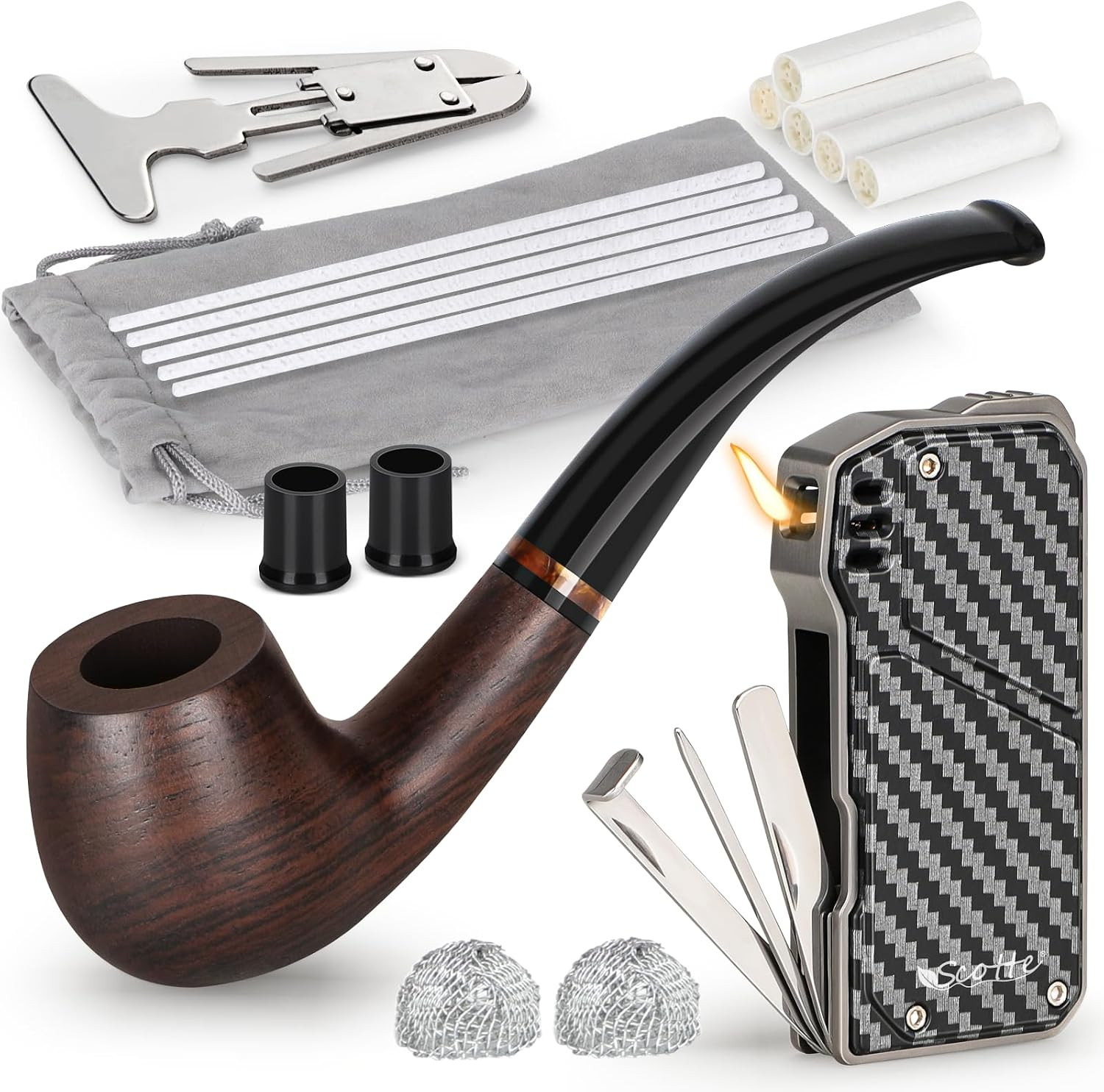 Handmade Pipe and Pipe Lighter Set, Wood Pipe and Various Pipe Accessories, S…