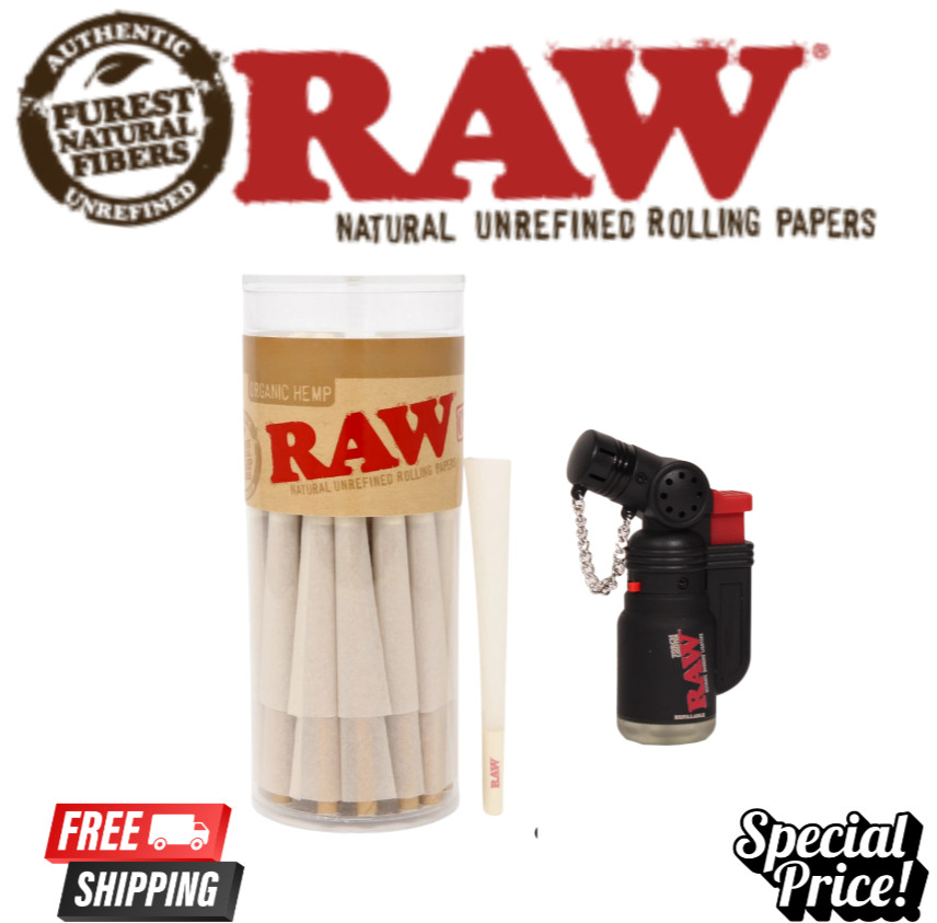 RAW Organic Classic 1 1/4 Size Pre-Rolled Cones – 102ct W/ Raw Torch Lighter