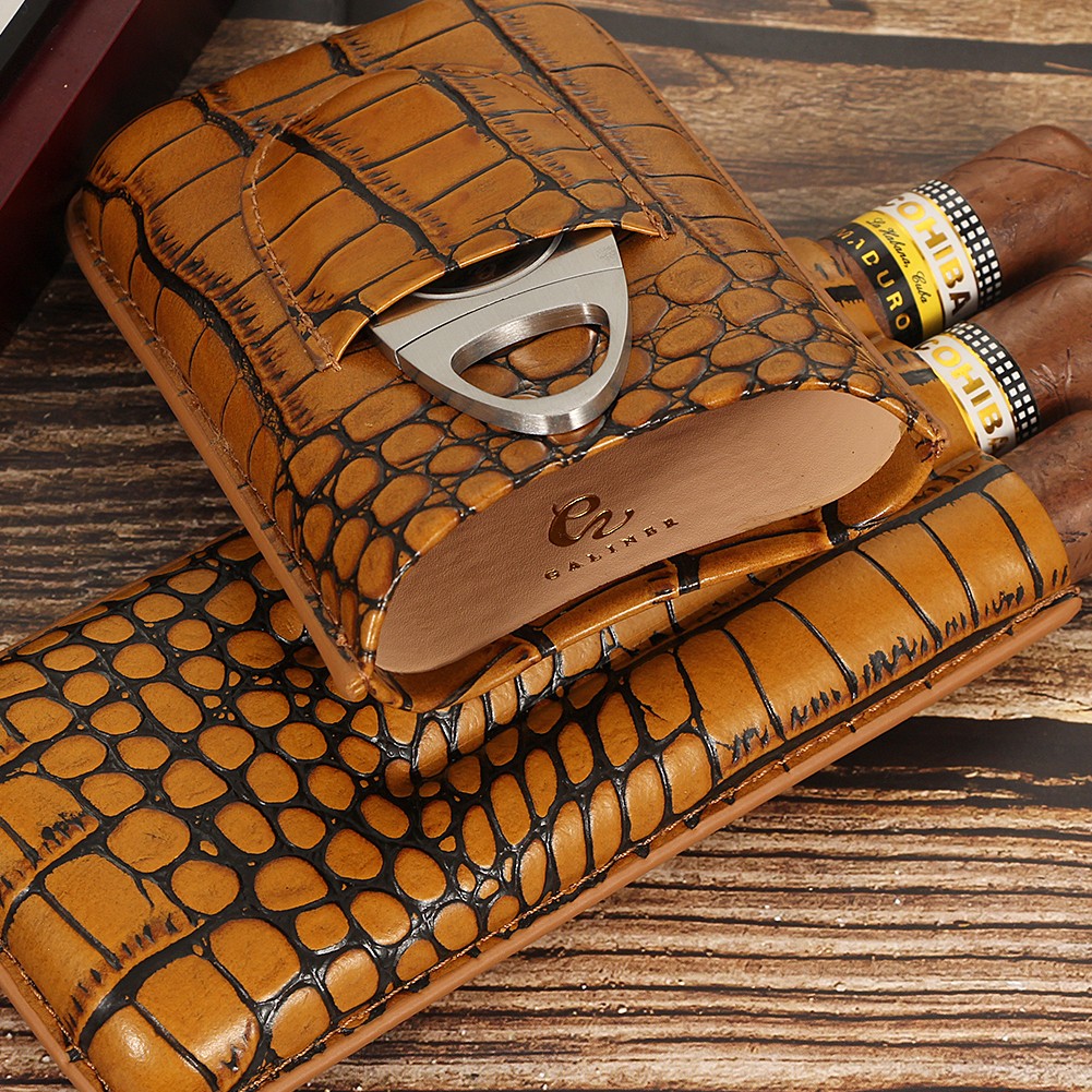 Galiner Crocodile Embossed Travel Leather Cigar Case Holder 3CT Tube W/ Cutter